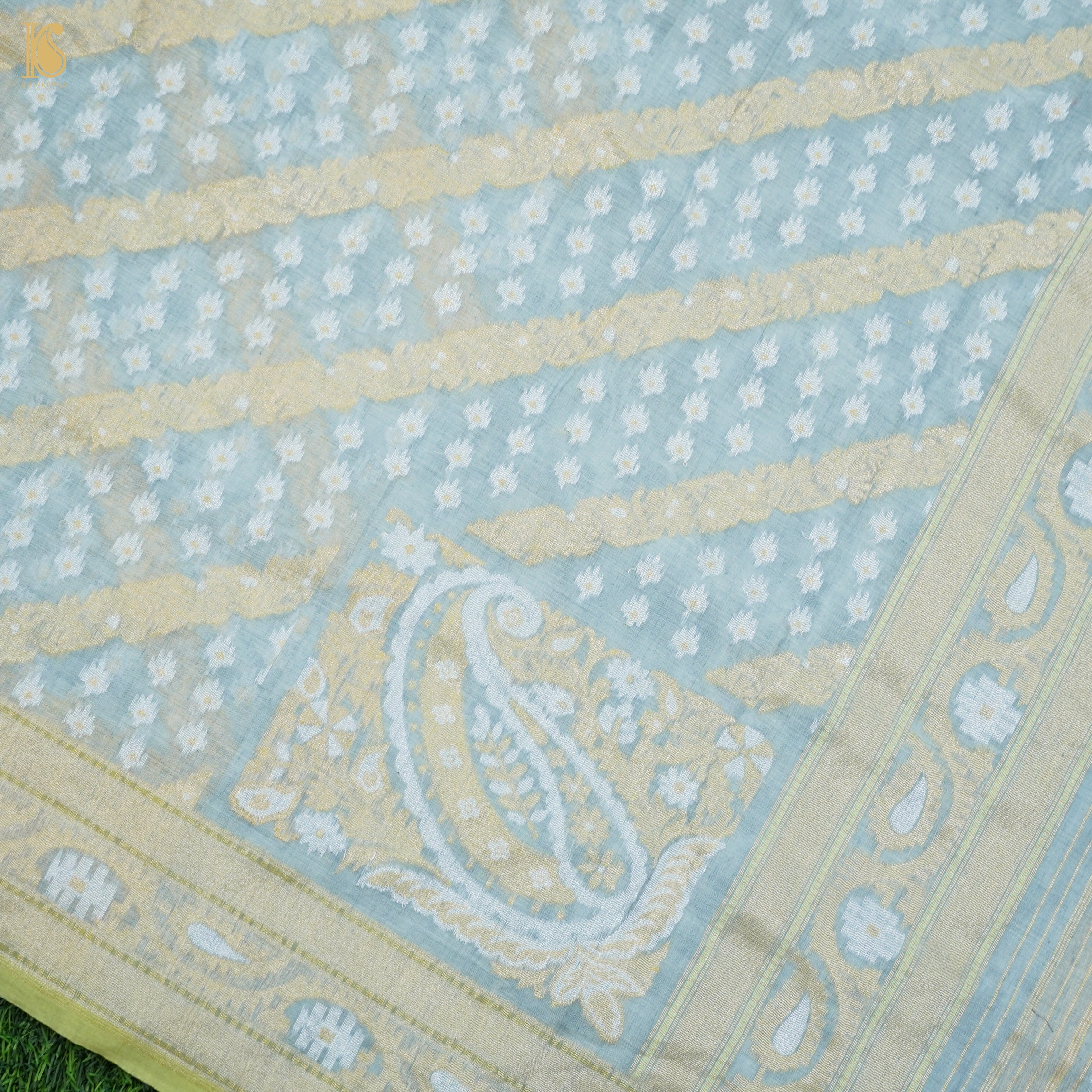 Iron Blue Pure Cotton Handloom Banarasi Jamdani Ektara Saree - Khinkhwab