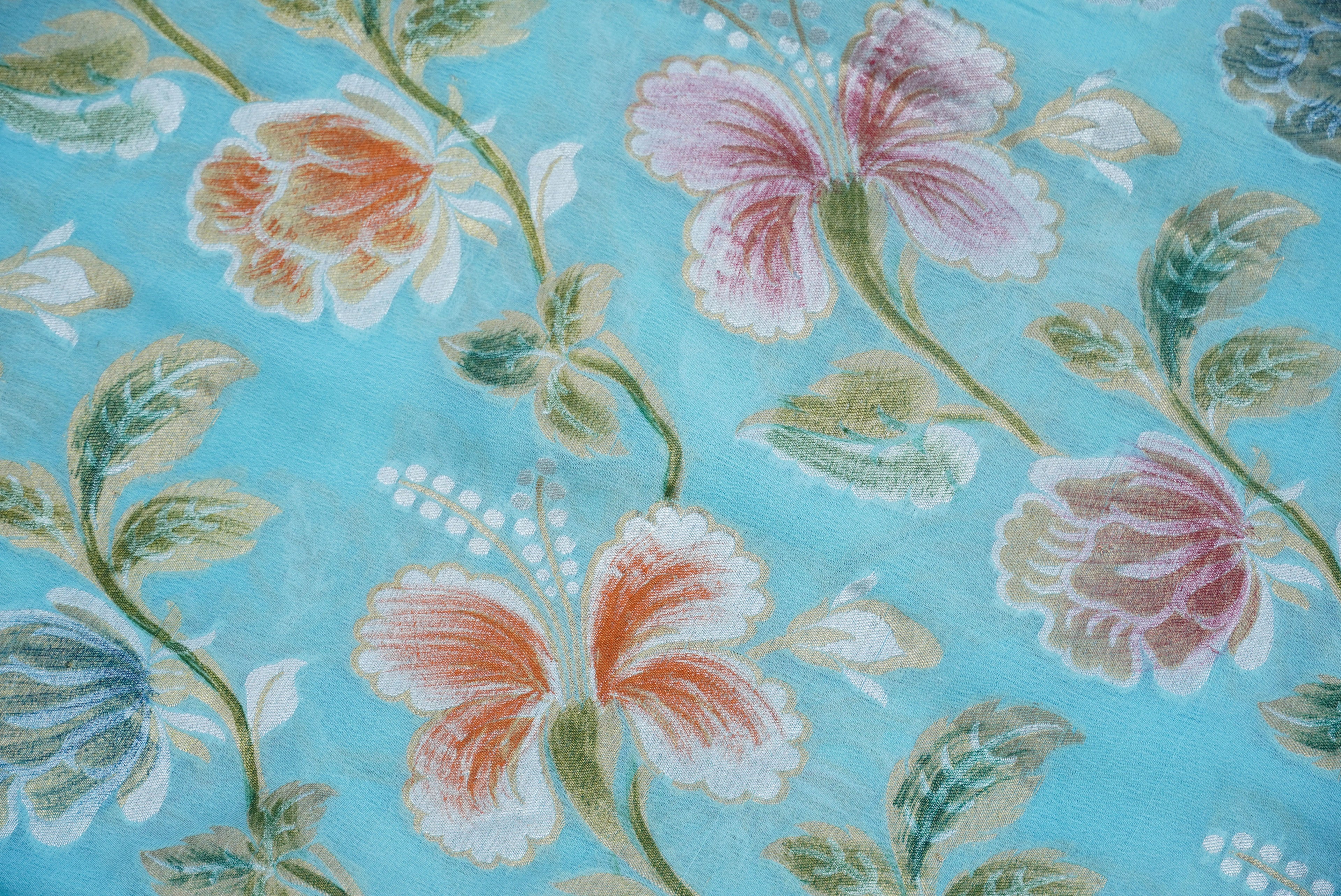 Morning Glory Blue Handloom Banarasi Pure Georgette Dahlia Saree - Khinkhwab
