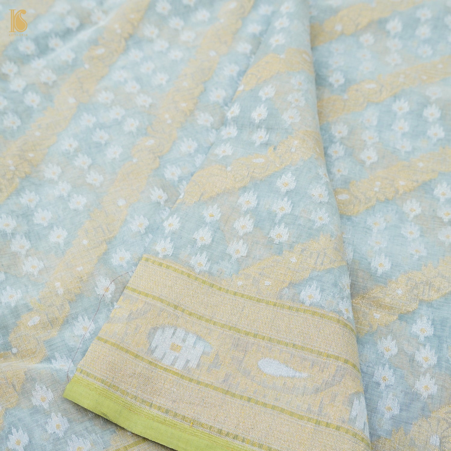 Iron Blue Pure Cotton Handloom Banarasi Jamdani Ektara Saree - Khinkhwab