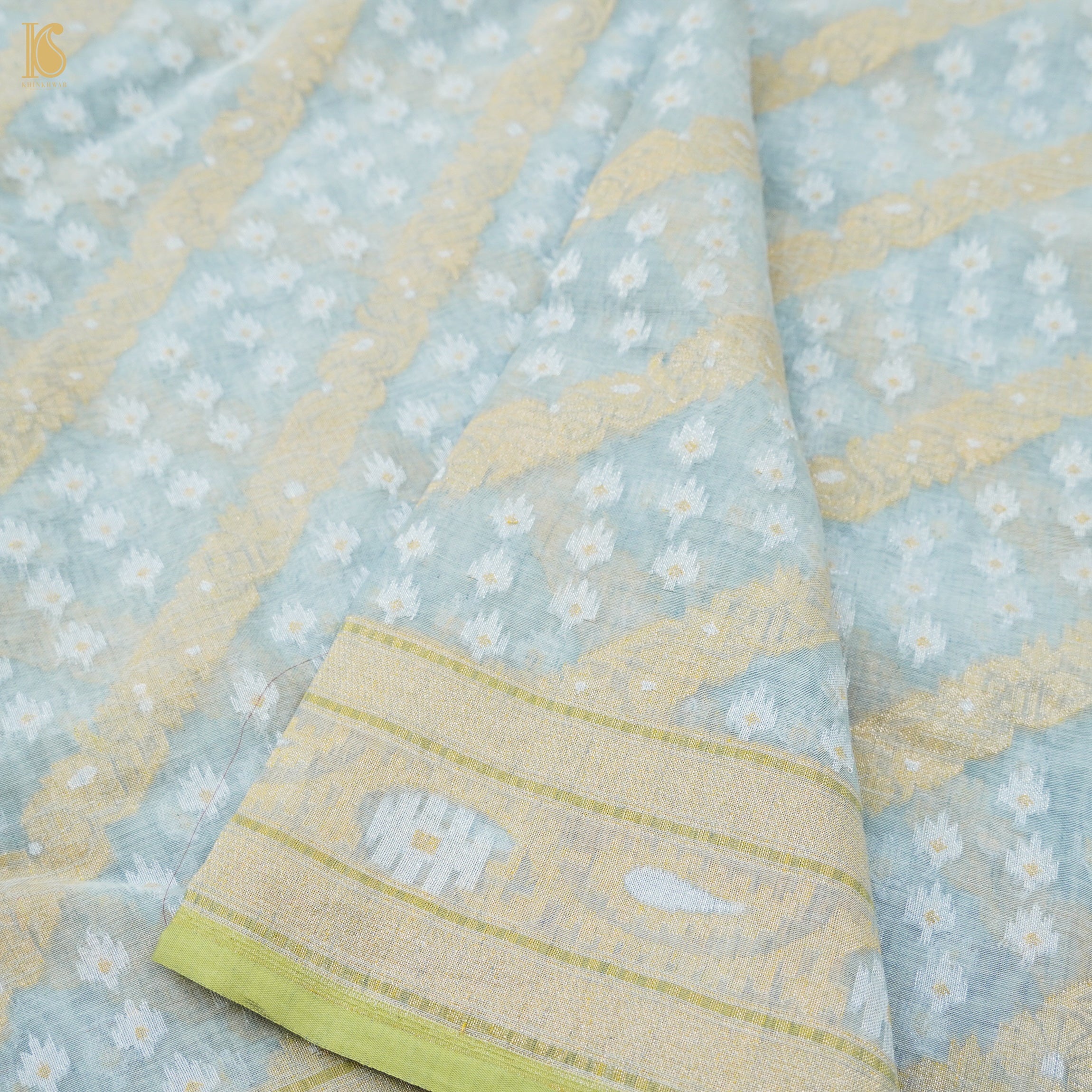 Iron Blue Pure Cotton Handloom Banarasi Jamdani Ektara Saree - Khinkhwab