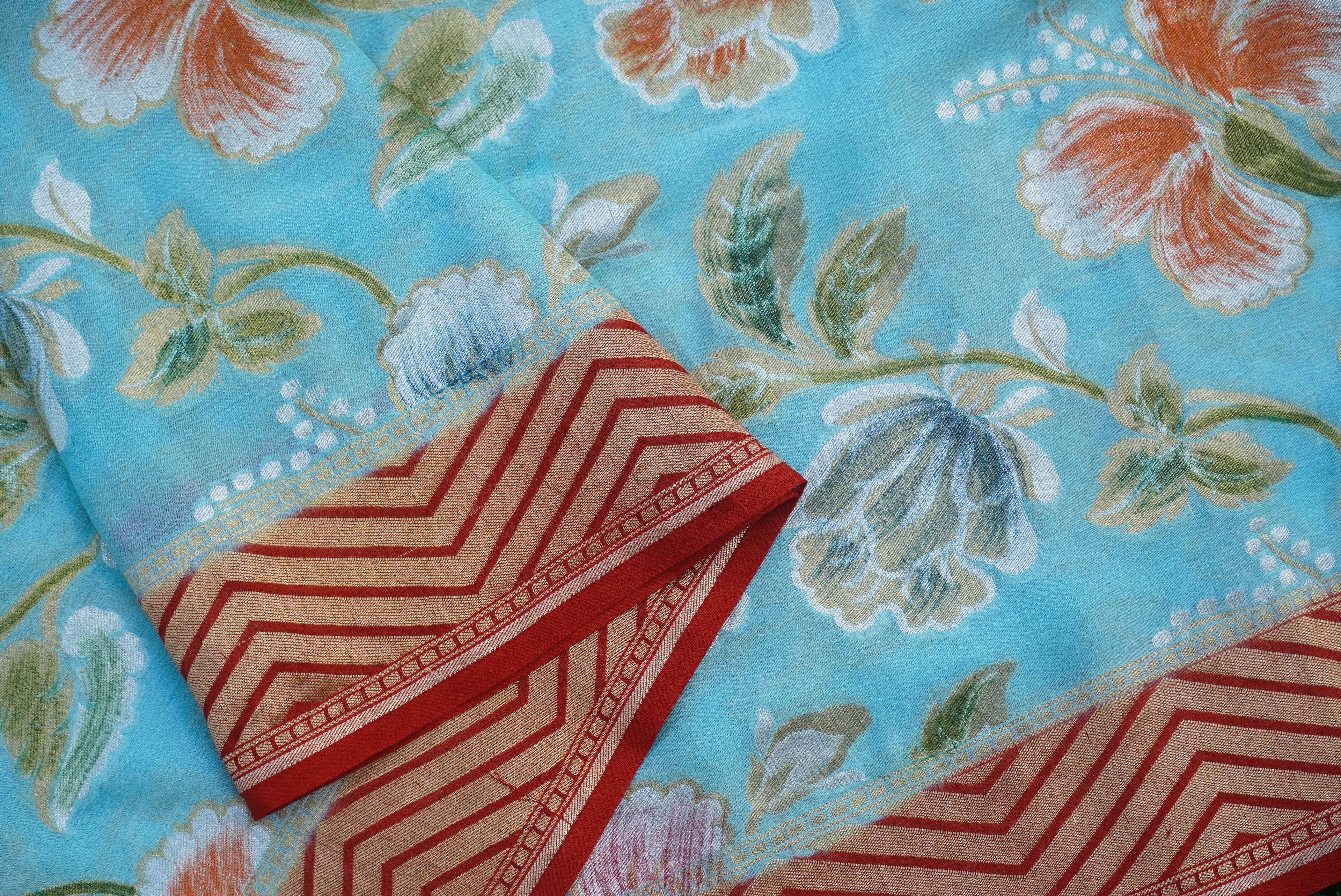 Morning Glory Blue Handloom Banarasi Pure Georgette Dahlia Saree - Khinkhwab