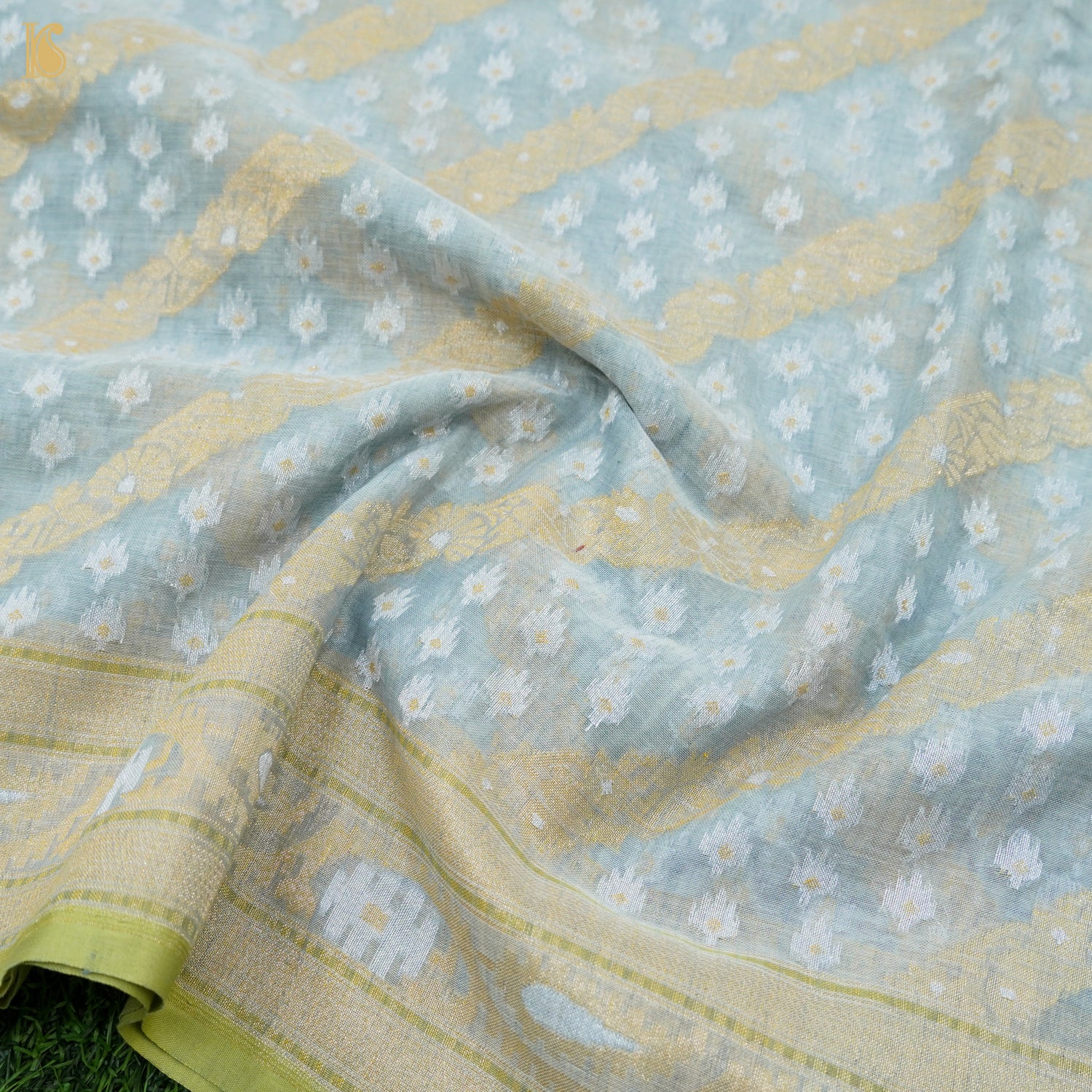 Iron Blue Pure Cotton Handloom Banarasi Jamdani Ektara Saree - Khinkhwab