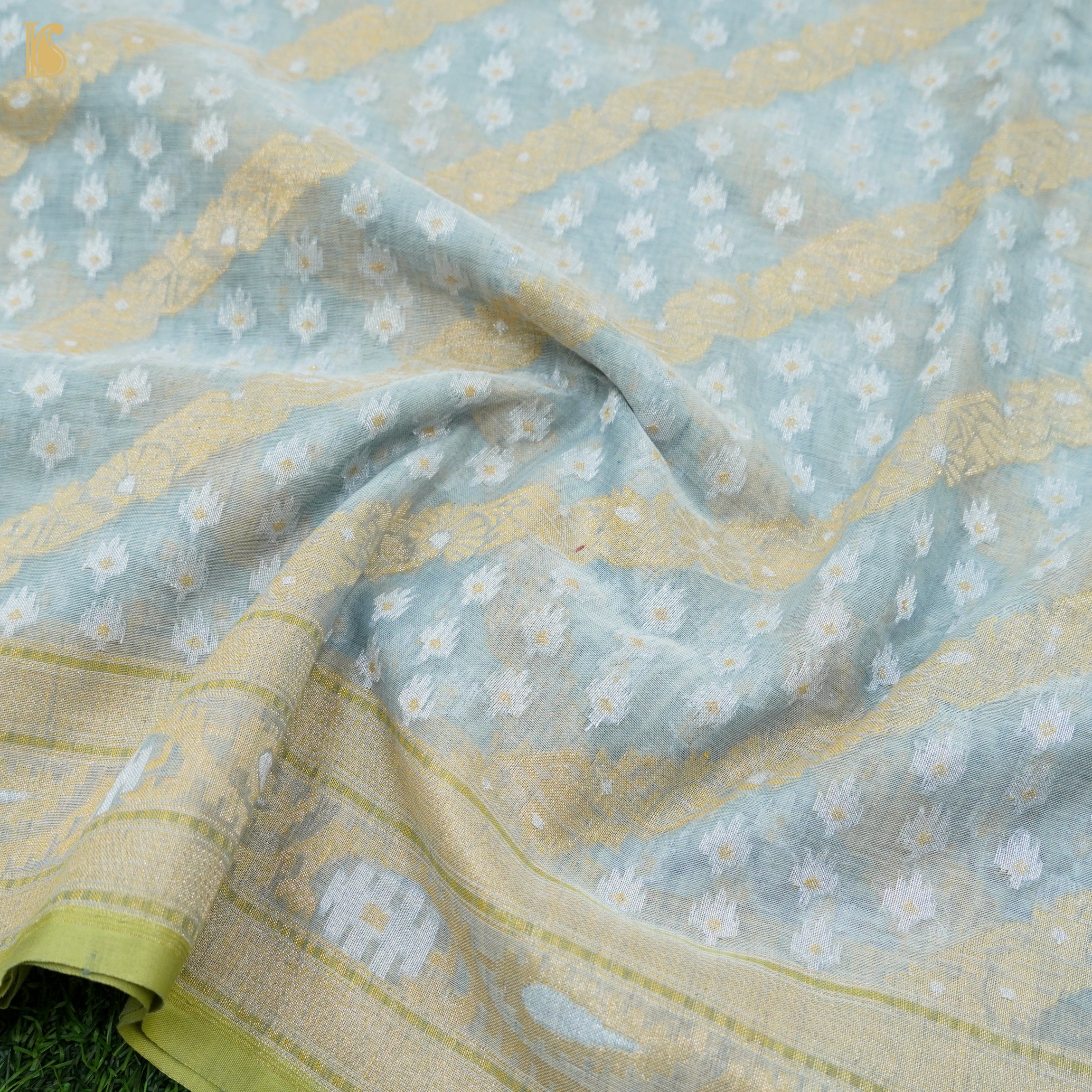 Iron Blue Pure Cotton Handloom Banarasi Jamdani Ektara Saree - Khinkhwab