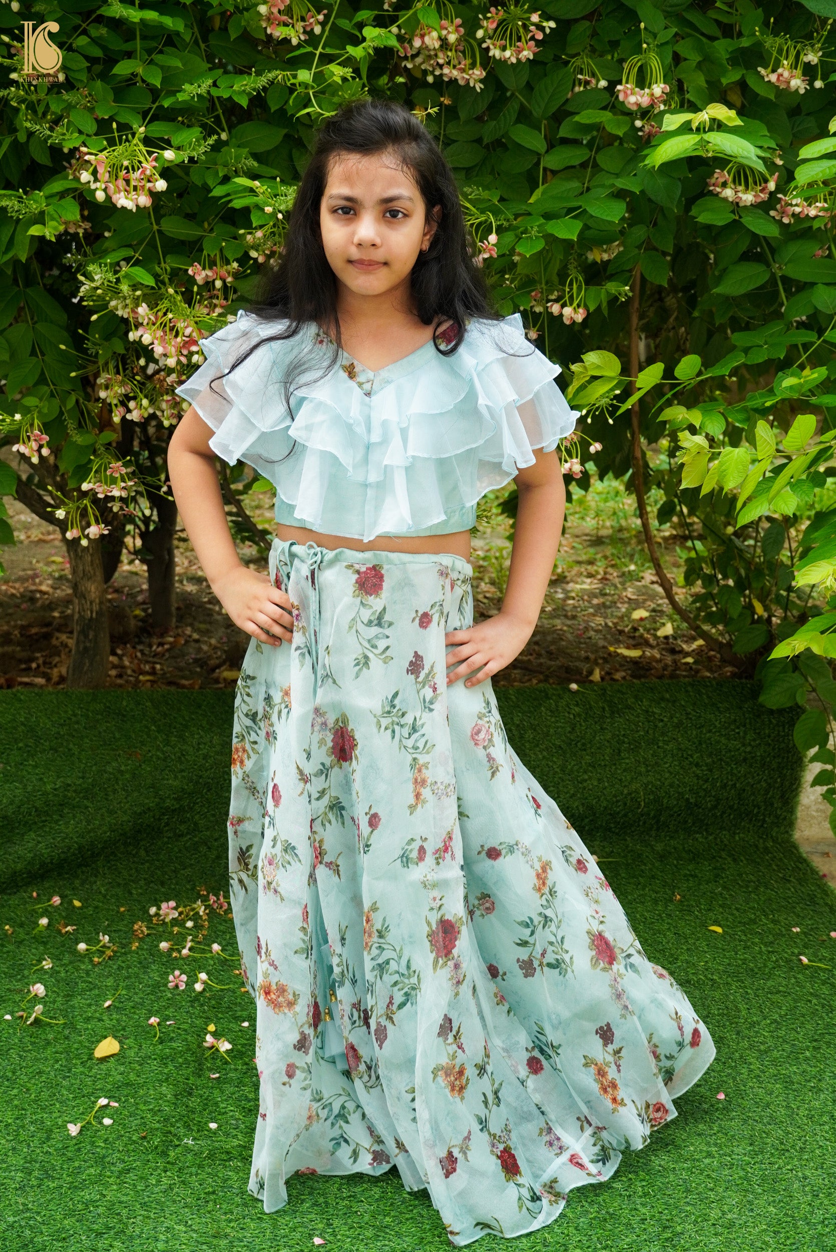 Blue Pure Floral Organza Kids Stitched Lehenga Set - Khinkhwab