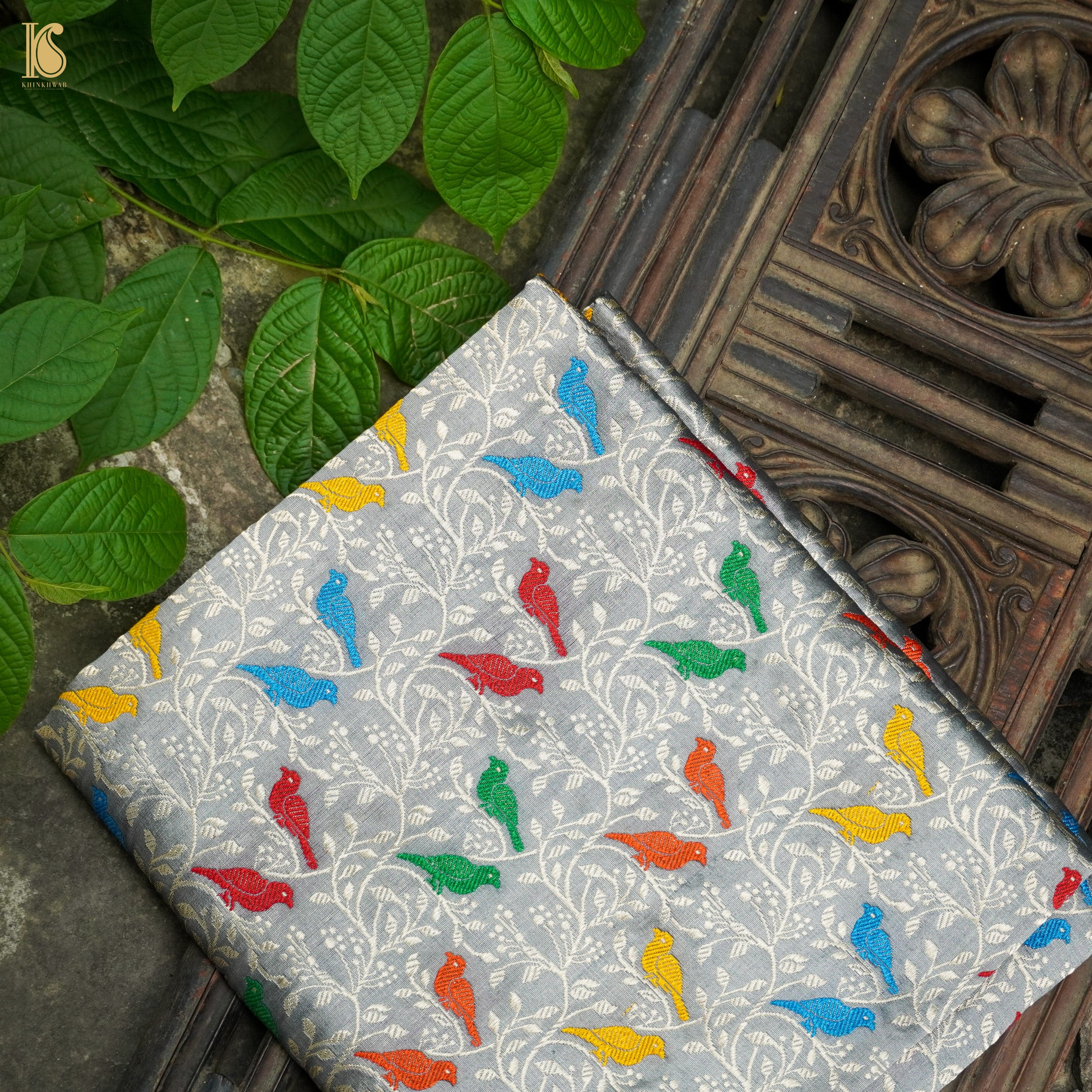 Handwoven Grey Pure Katan Silk Banarasi Birds Fabric - Khinkhwab