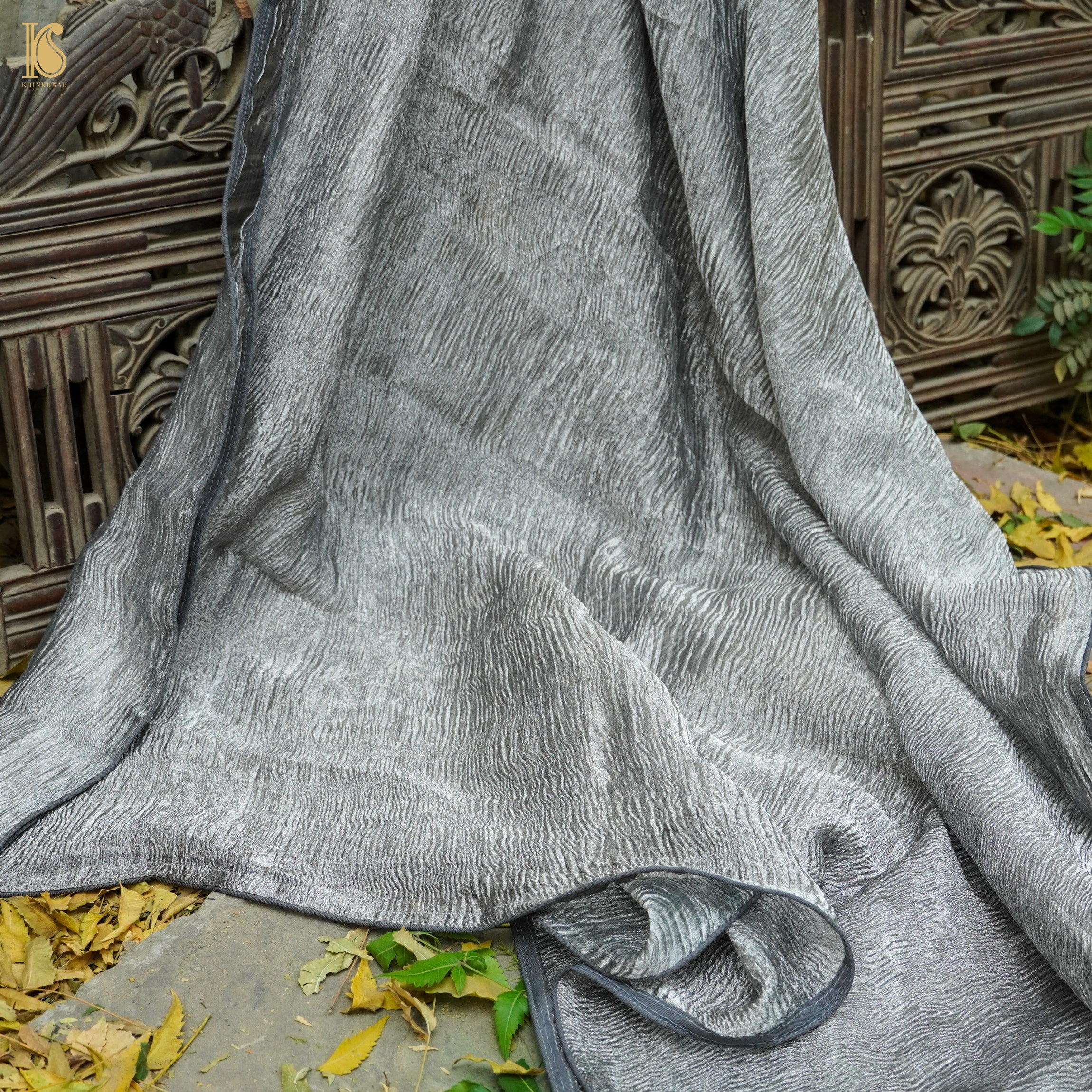 Submarine Grey Wrinkle Pure Tissue Silk Dupatta - Khinkhwab