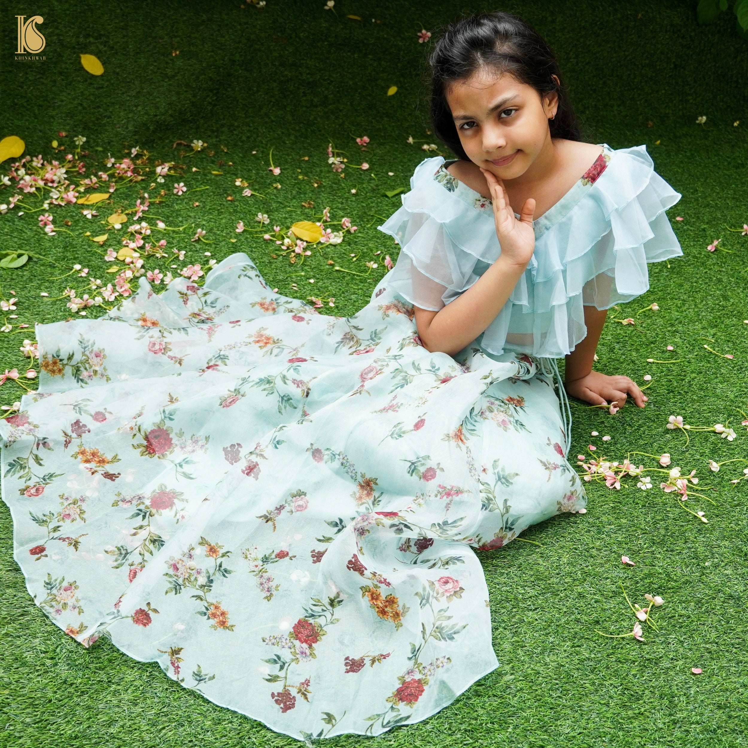 Blue Pure Floral Organza Kids Stitched Lehenga Set - Khinkhwab