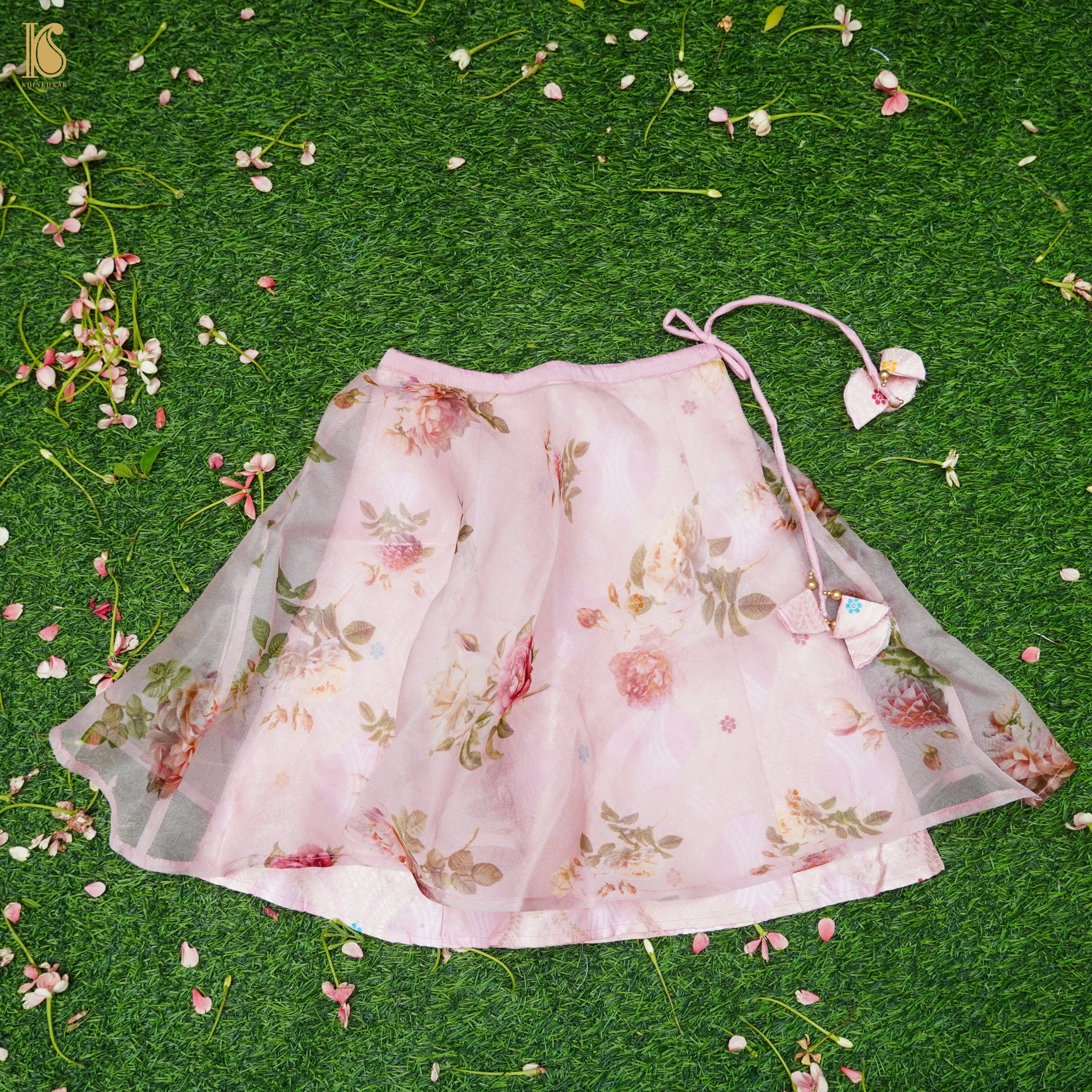 Baby Pink Pure Floral Organza Kids Stitched Lehenga Set with Pure Silk Blouse - Khinkhwab