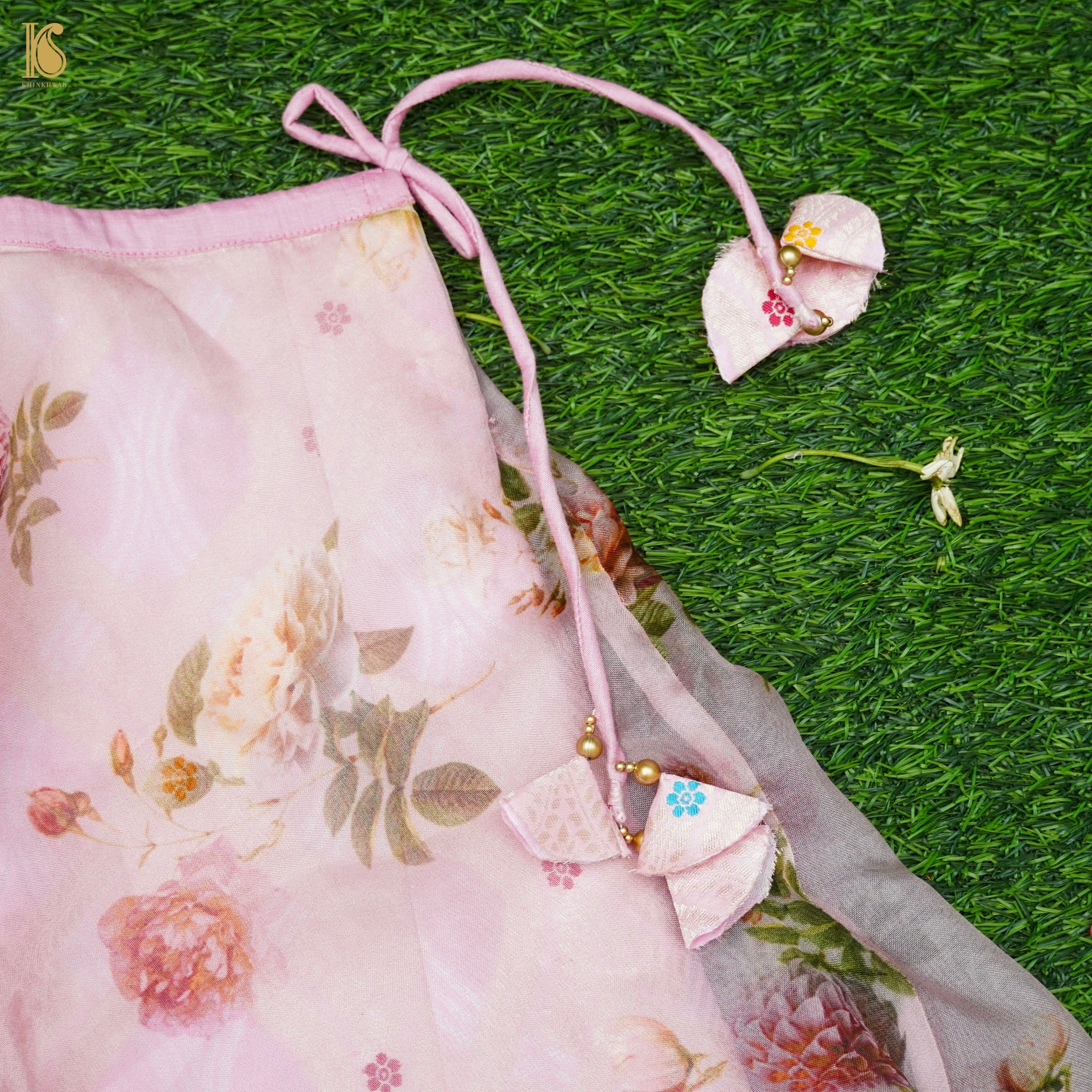 Baby Pink Pure Floral Organza Kids Stitched Lehenga Set with Pure Silk Blouse - Khinkhwab
