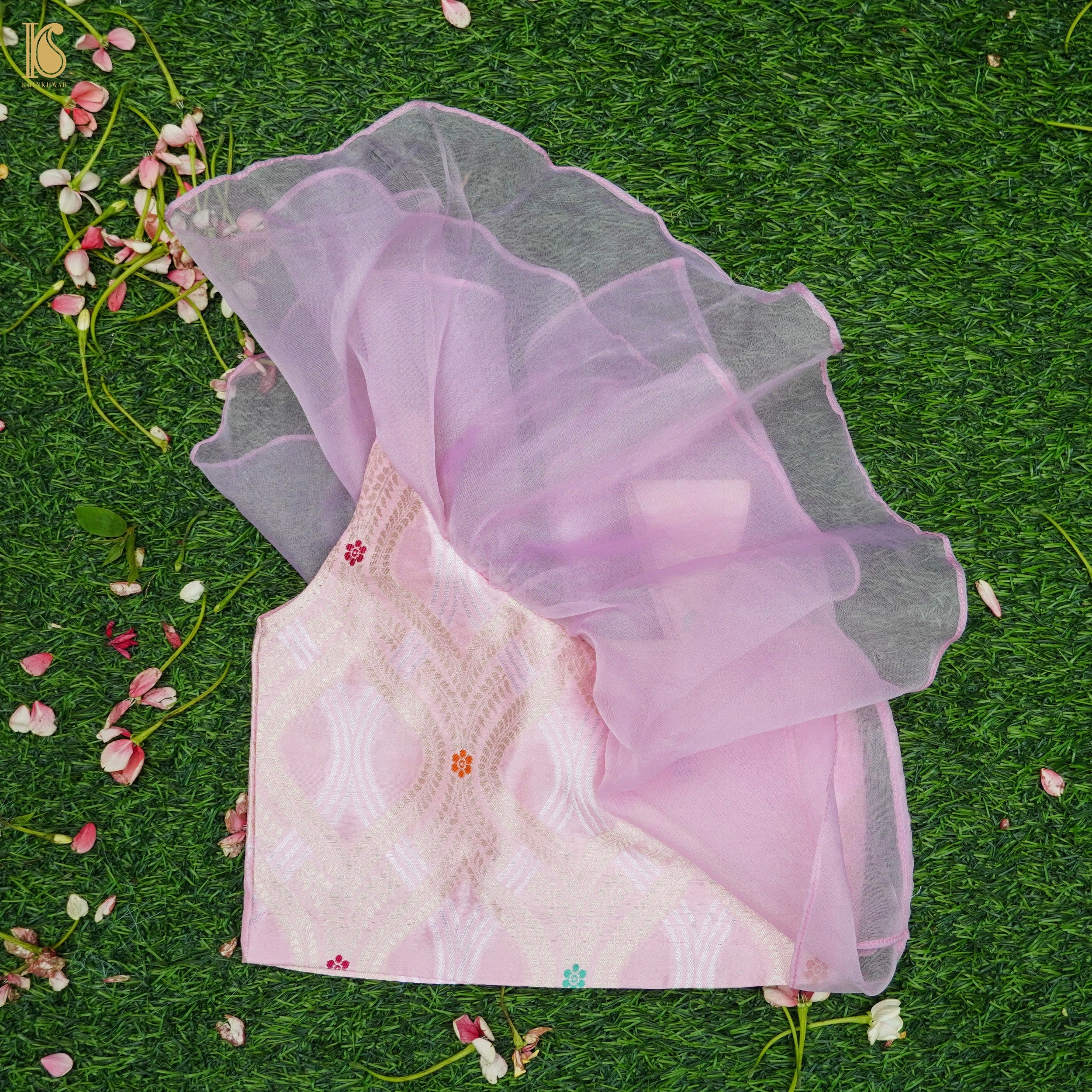 Baby Pink Pure Floral Organza Kids Stitched Lehenga Set with Pure Silk Blouse - Khinkhwab