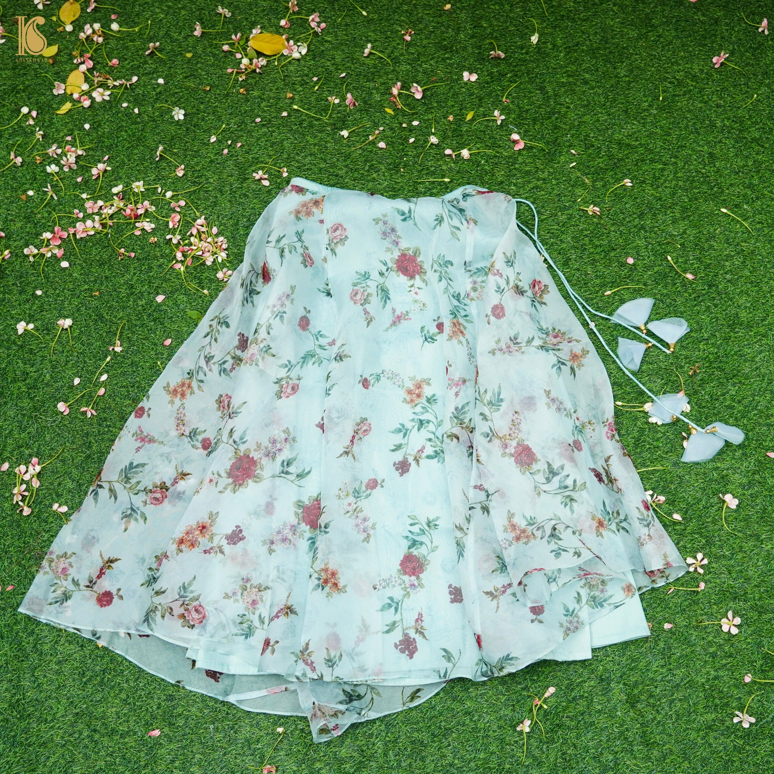 Blue Pure Floral Organza Kids Stitched Lehenga Set - Khinkhwab