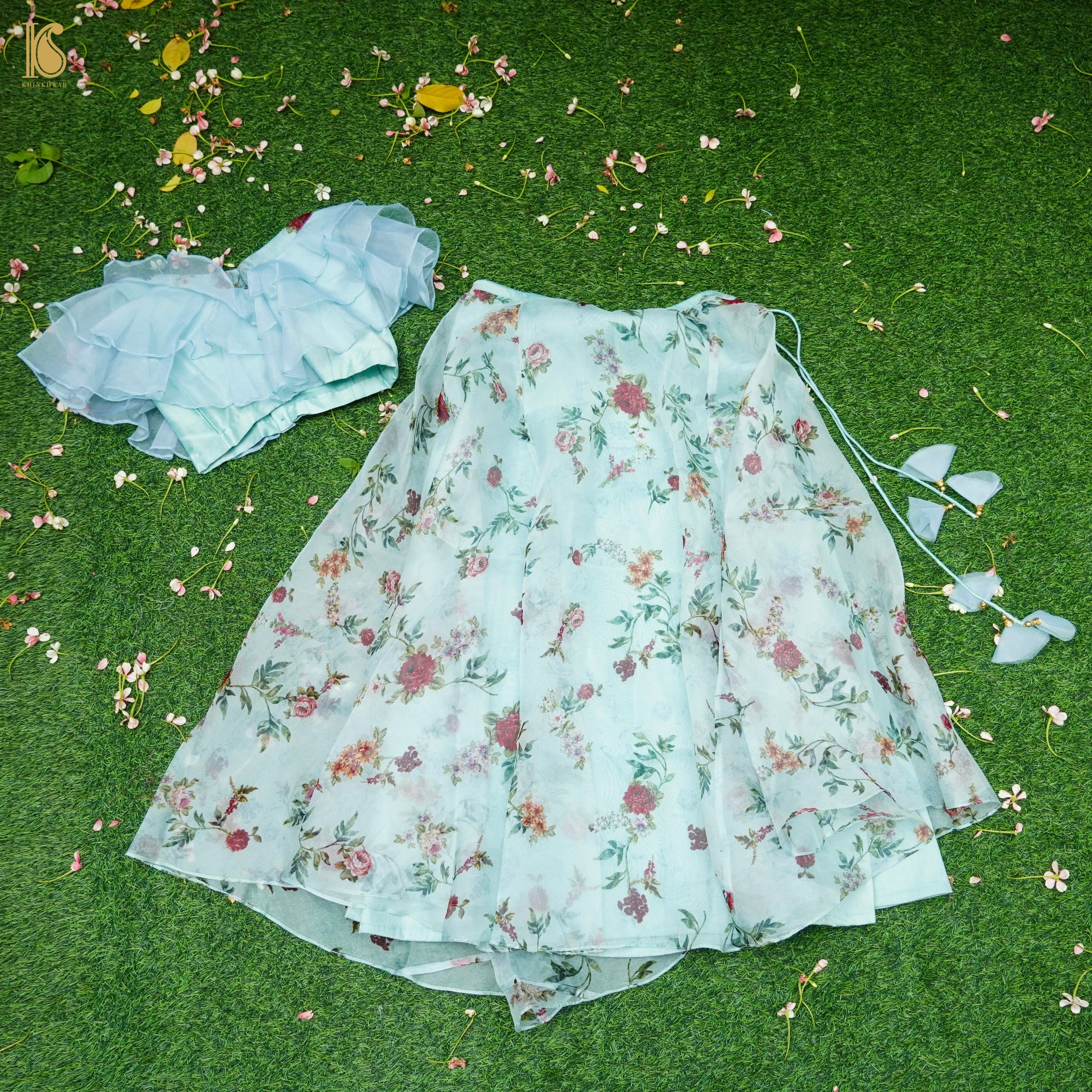 Blue Pure Floral Organza Kids Stitched Lehenga Set - Khinkhwab