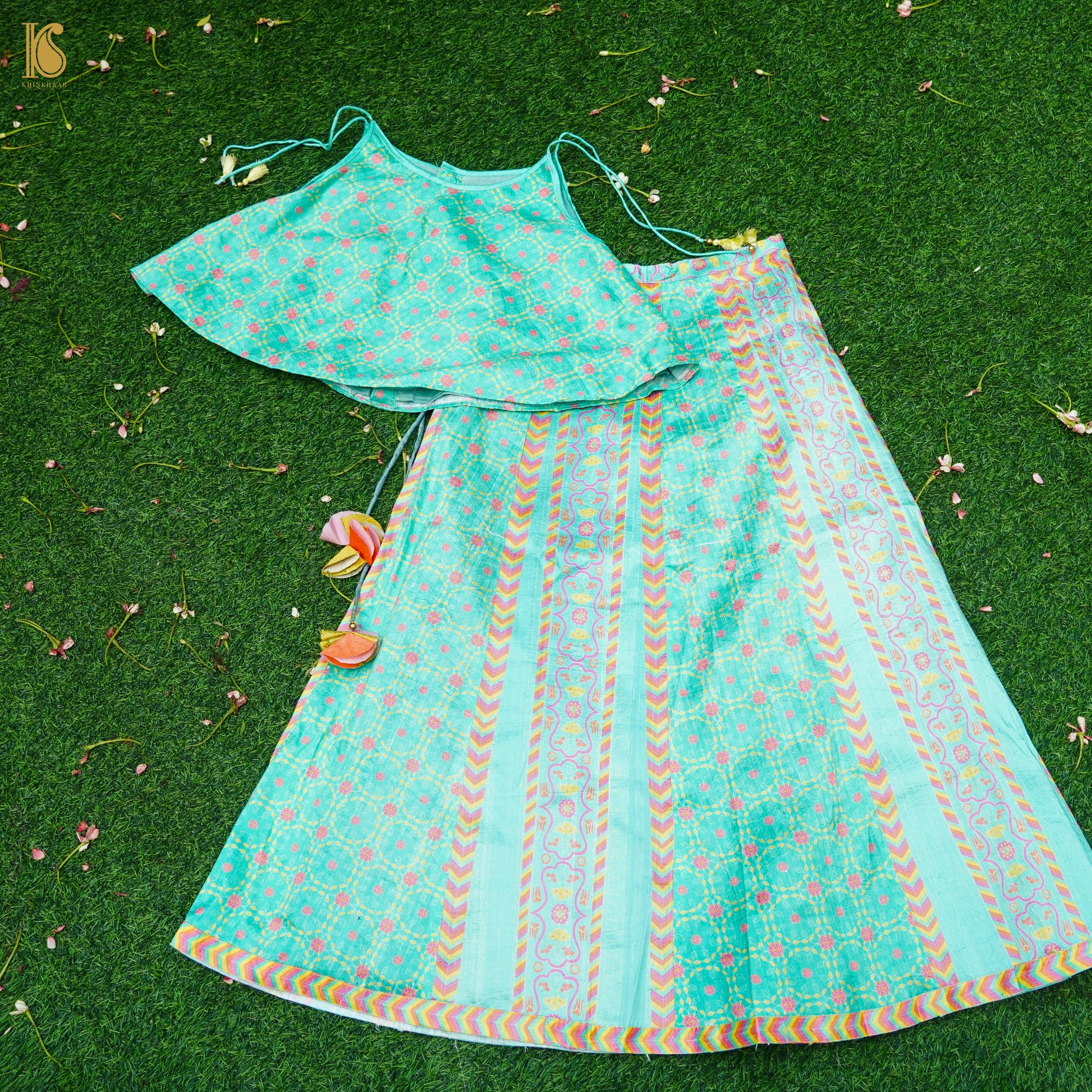 Blue Pure Raw Silk Kids Stitched Lehenga Set - Khinkhwab