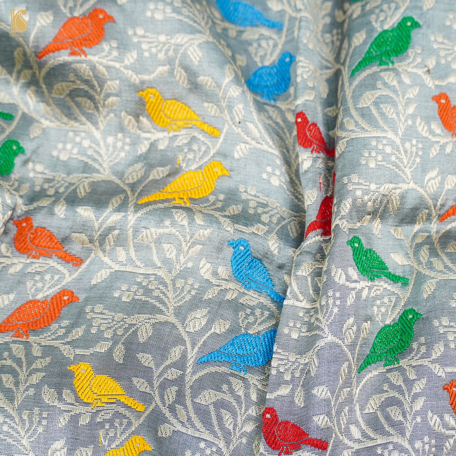 Handwoven Grey Pure Katan Silk Banarasi Birds Fabric - Khinkhwab