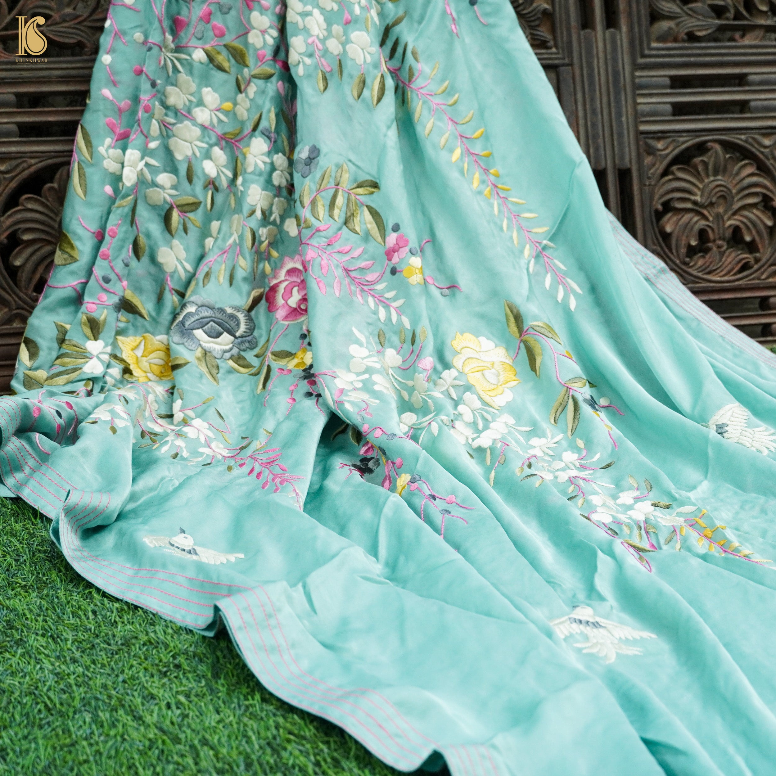Monte Carlo Green Handcrafted Parsi Gara Pure Crepe Dupatta - Khinkhwab