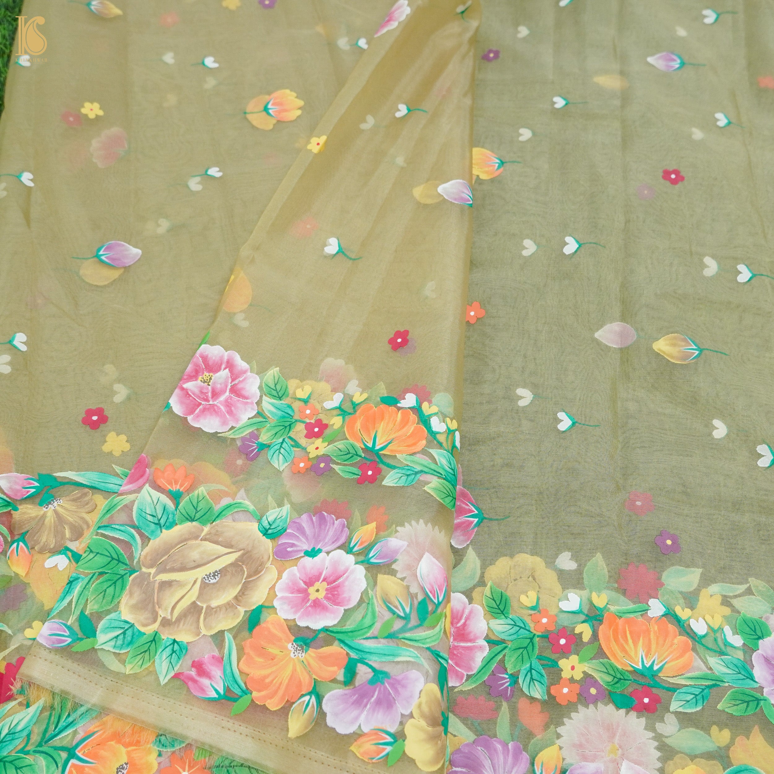 Pastel Green Pure Organza Silk Dupatta with Hand Print - Khinkhwab