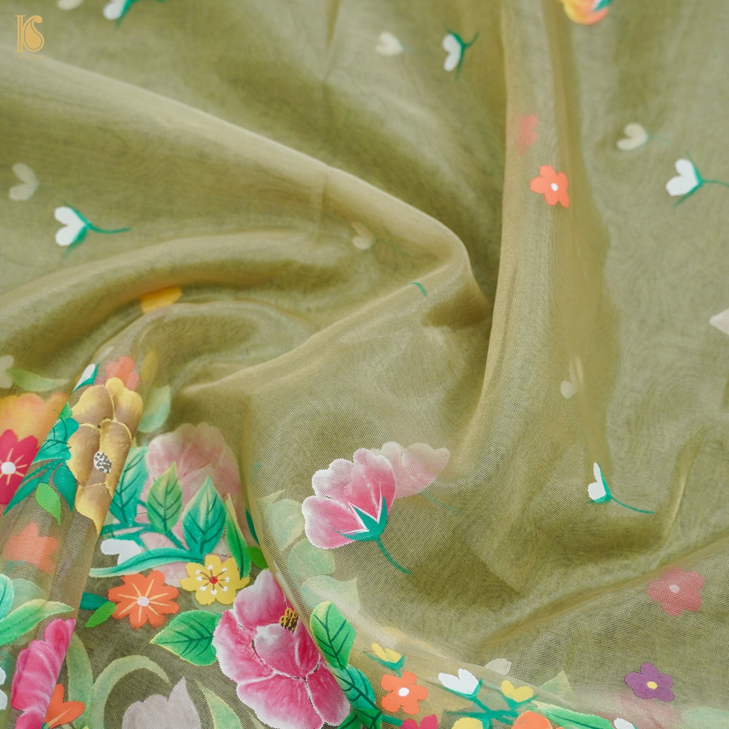 Pastel Green Pure Organza Silk Dupatta with Hand Print - Khinkhwab