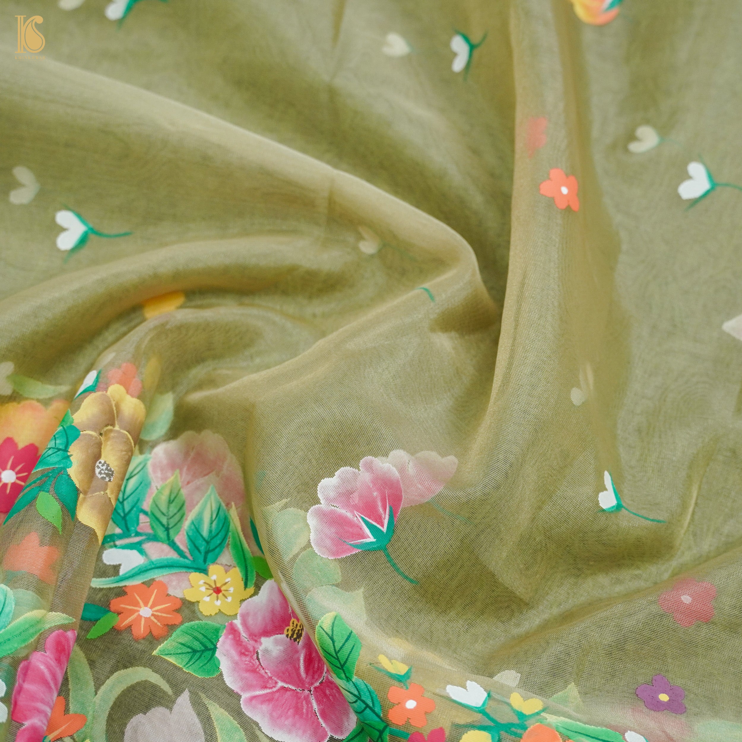 Pastel Green Pure Organza Silk Dupatta with Hand Print - Khinkhwab