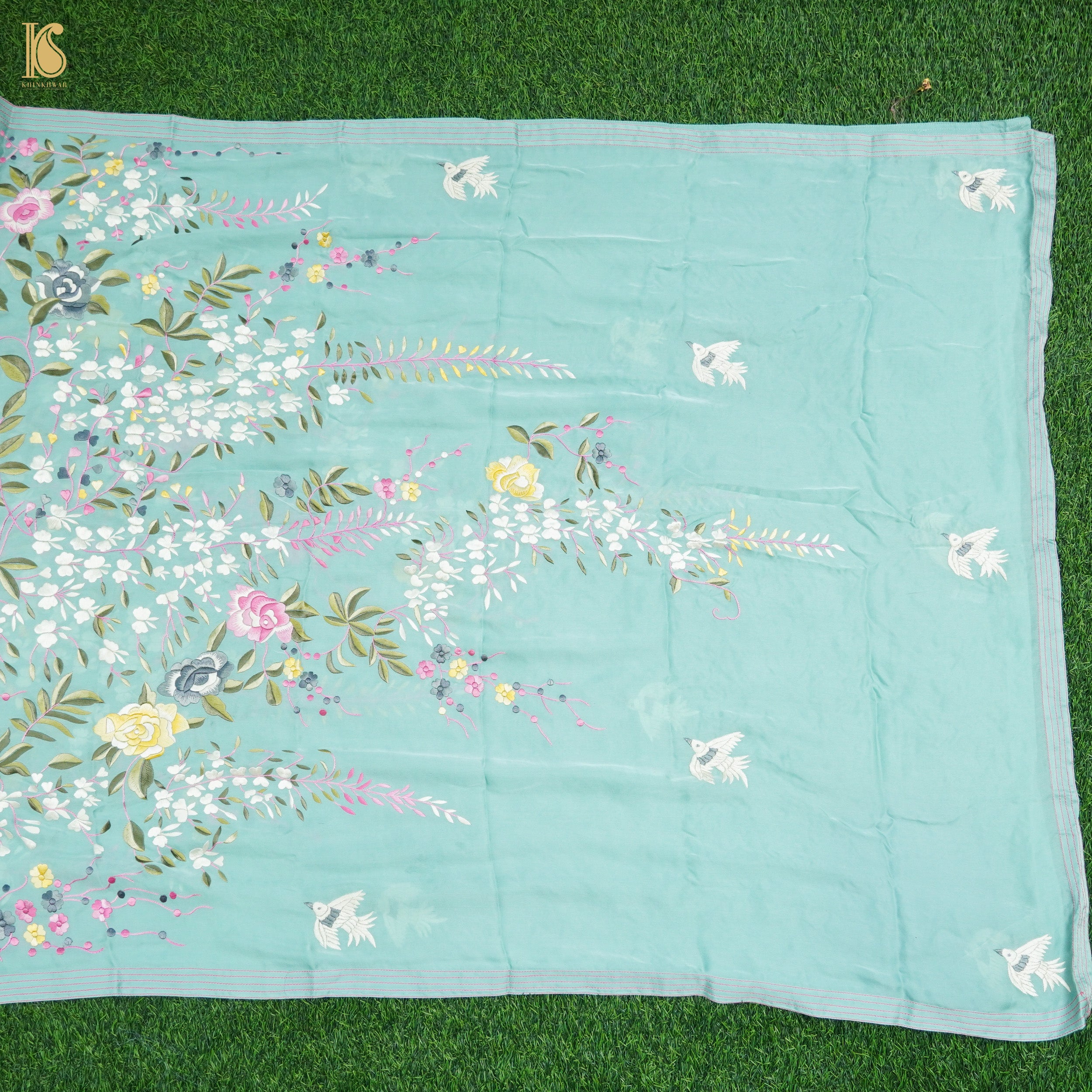 Monte Carlo Green Handcrafted Parsi Gara Pure Crepe Dupatta - Khinkhwab