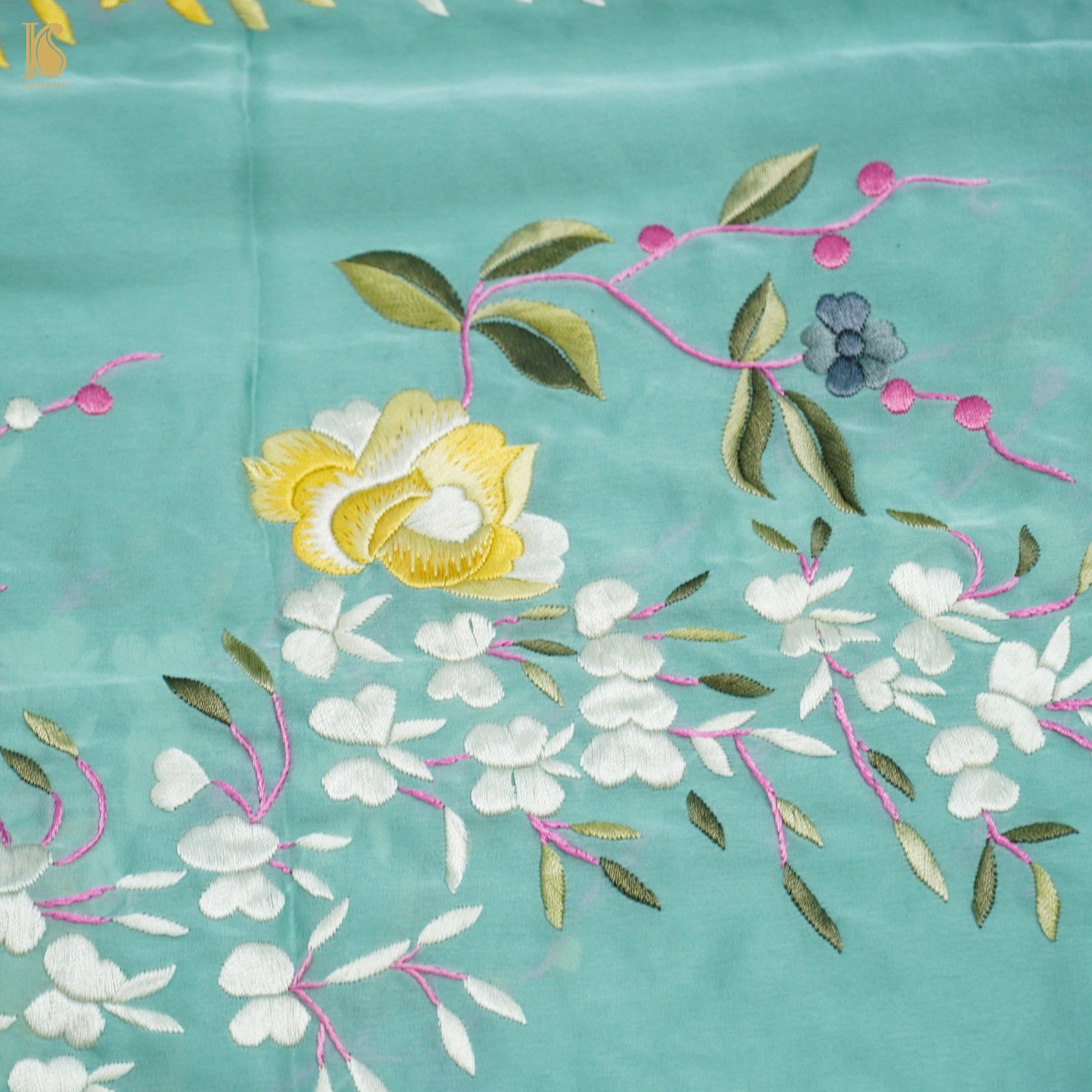 Monte Carlo Green Handcrafted Parsi Gara Pure Crepe Dupatta - Khinkhwab