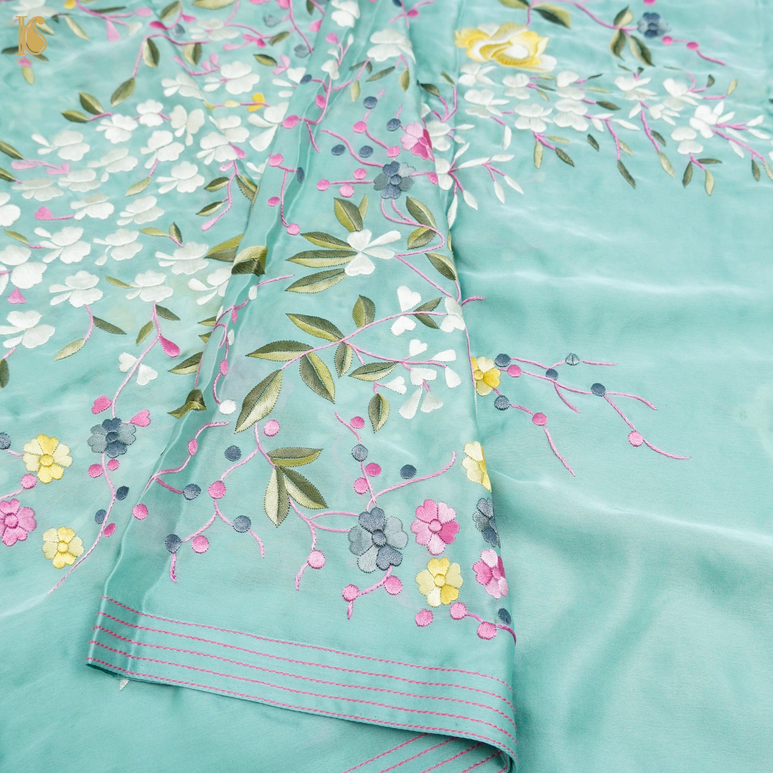 Monte Carlo Green Handcrafted Parsi Gara Pure Crepe Dupatta - Khinkhwab