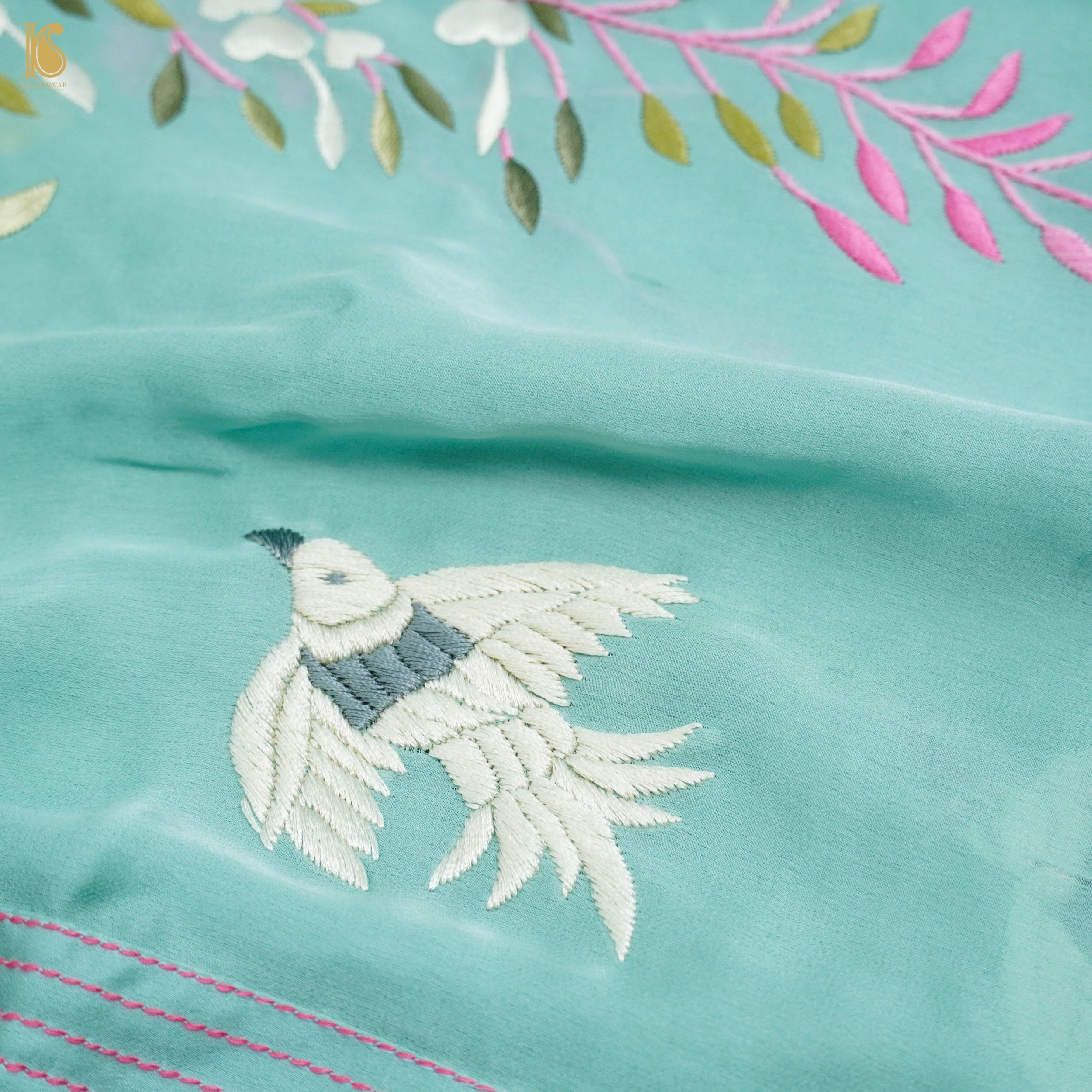 Monte Carlo Green Handcrafted Parsi Gara Pure Crepe Dupatta - Khinkhwab