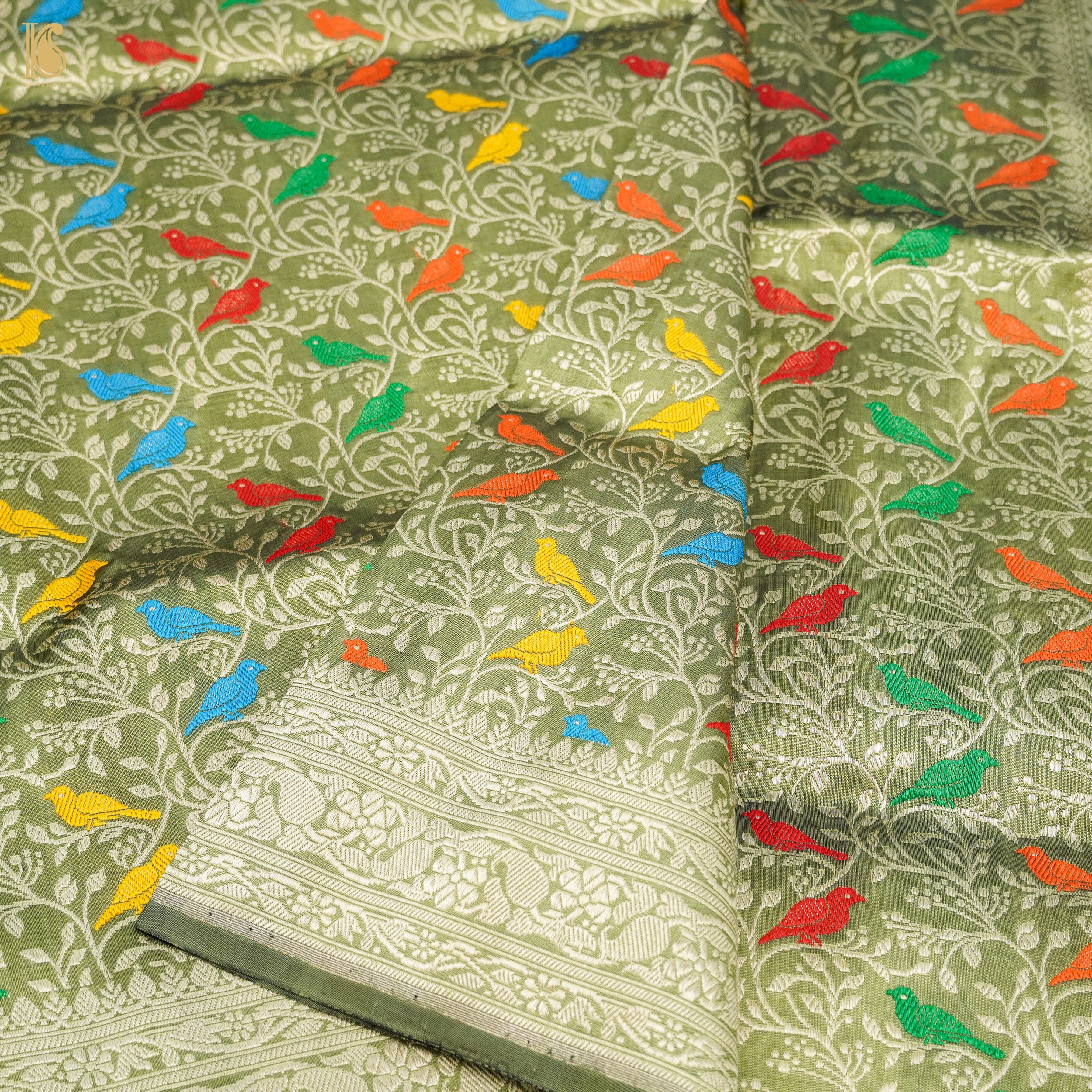 Green Smoke Pure Katan Silk Handwoven Banarasi Jaal Bird Dupatta - Khinkhwab