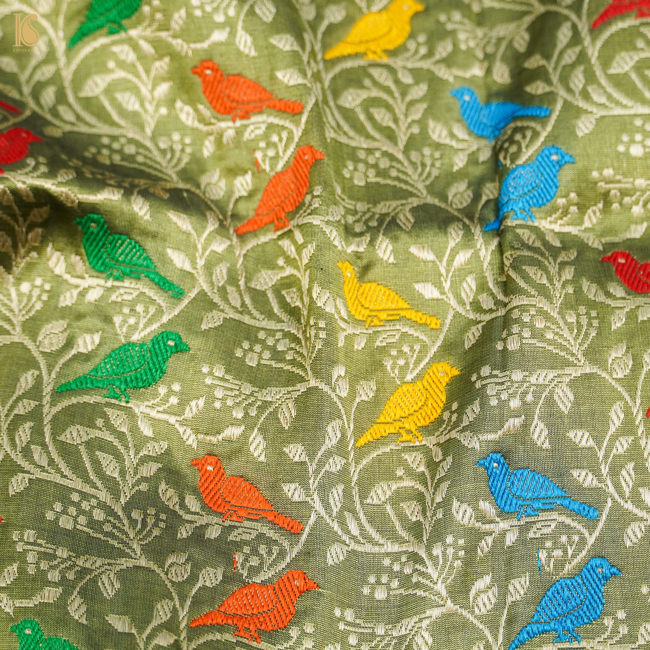 Green Smoke Pure Katan Silk Handwoven Banarasi Jaal Bird Dupatta - Khinkhwab