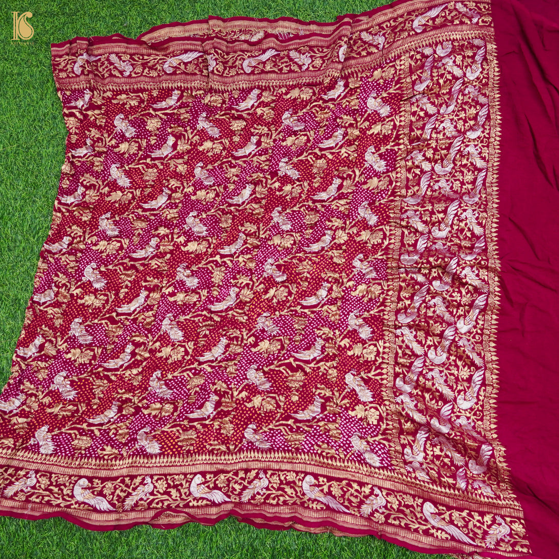 Burgundy Red Georgette Handloom Bandhani Banarasi Birds Dupatta - Khinkhwab