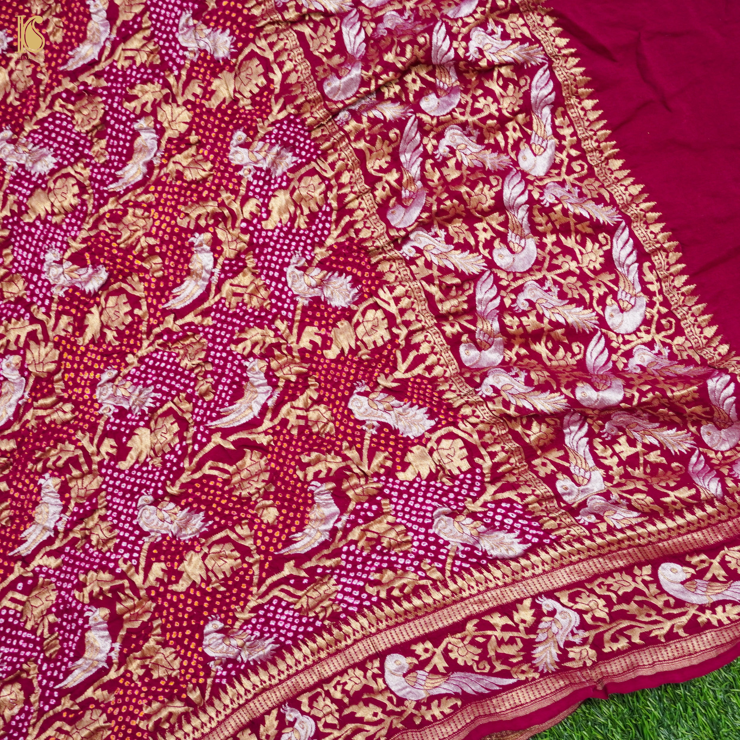 Burgundy Red Georgette Handloom Bandhani Banarasi Birds Dupatta - Khinkhwab