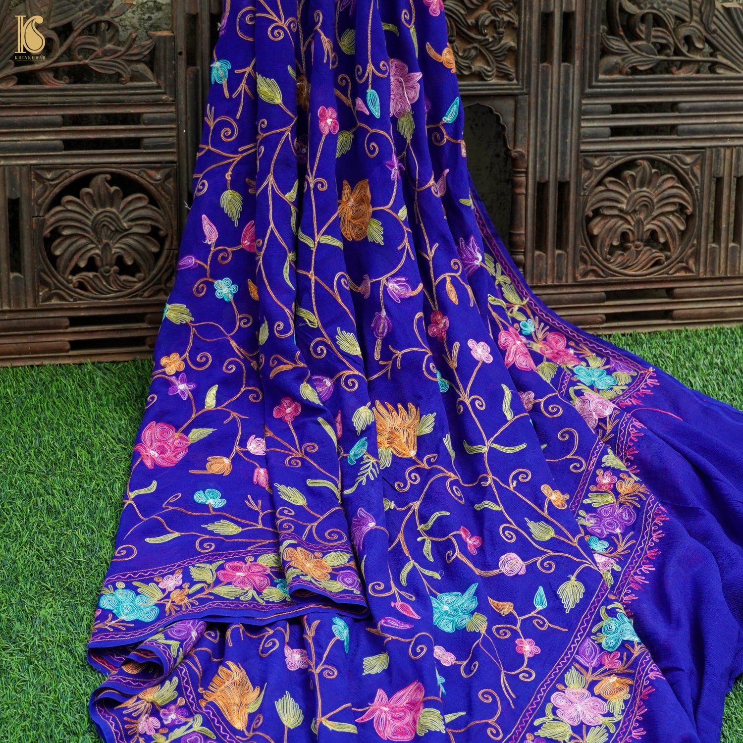 Blue Pure Georgette Aari Work Kashmiri Dupatta - Khinkhwab