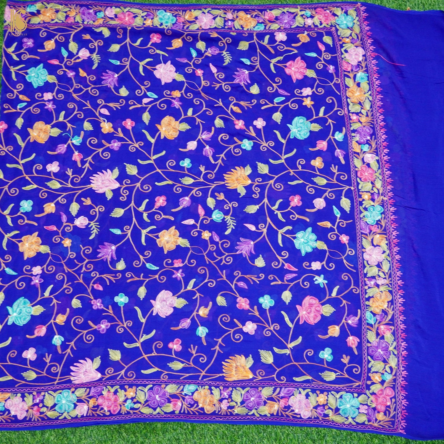 Blue Pure Georgette Aari Work Kashmiri Dupatta - Khinkhwab