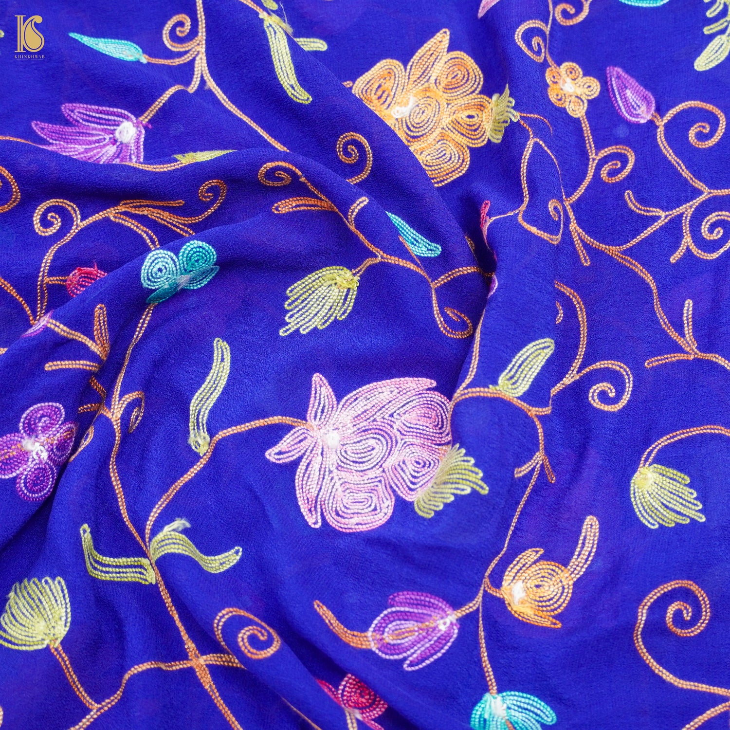 Blue Pure Georgette Aari Work Kashmiri Dupatta - Khinkhwab