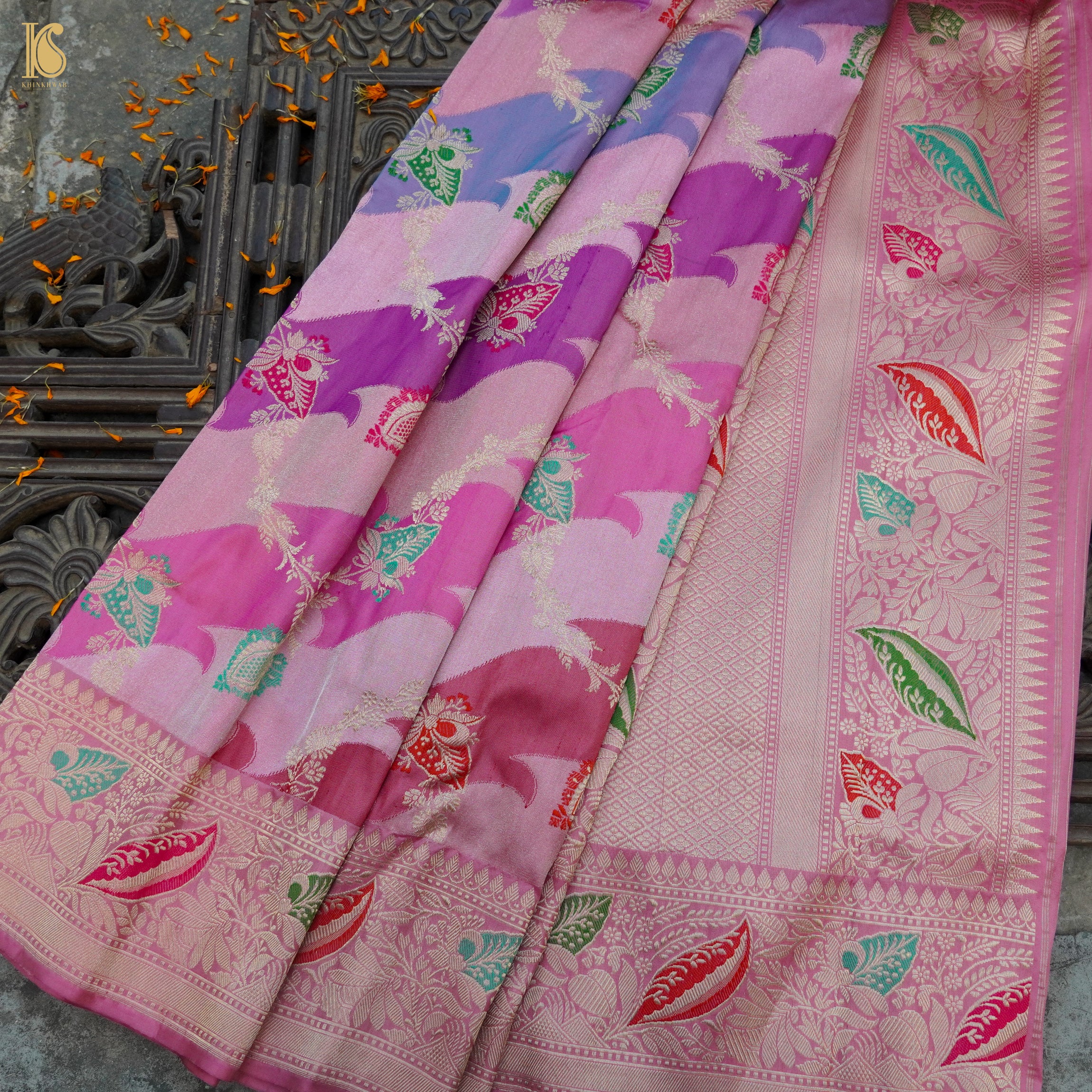 Kobi Pink Handwoven Pure Katan Silk Kadwa Banarasi Rangkat Saree - Khinkhwab