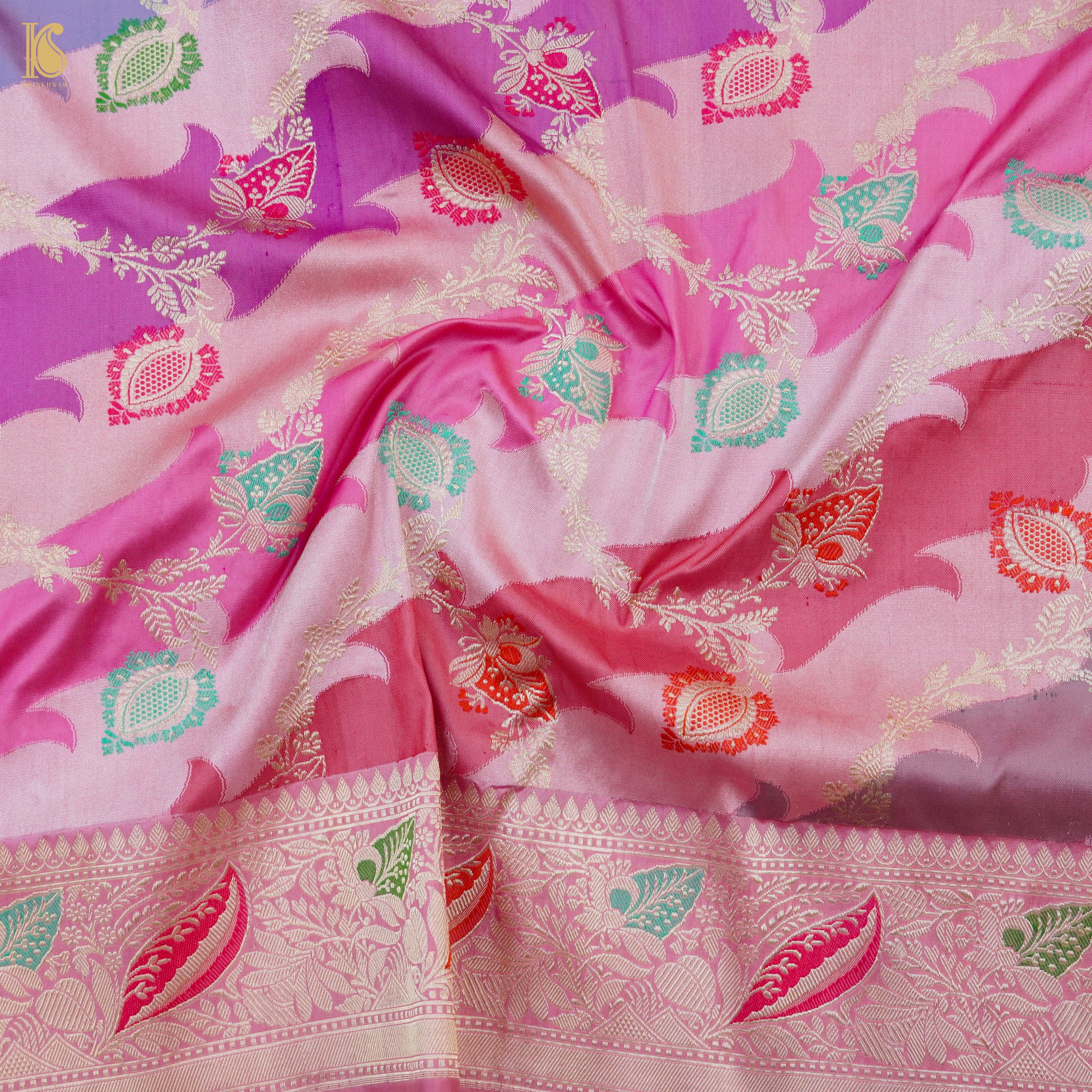 Kobi Pink Handwoven Pure Katan Silk Kadwa Banarasi Rangkat Saree - Khinkhwab