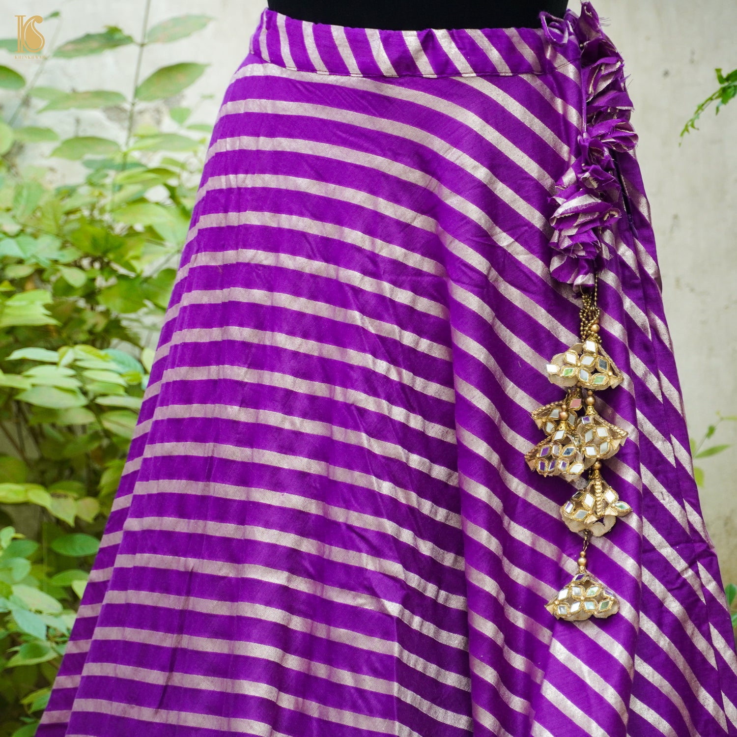 Magenta Handloom Moonga Silk Banarasi Stripes Stitched Lehenga - Khinkhwab