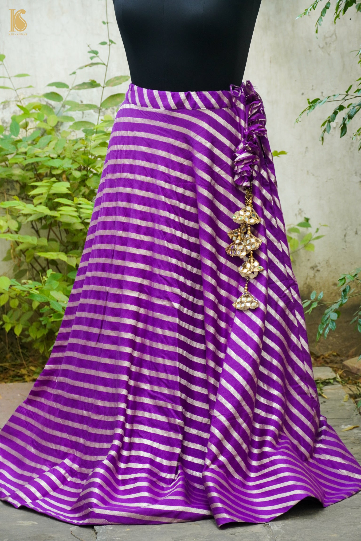 Magenta Handloom Moonga Silk Banarasi Stripes Stitched Lehenga - Khinkhwab
