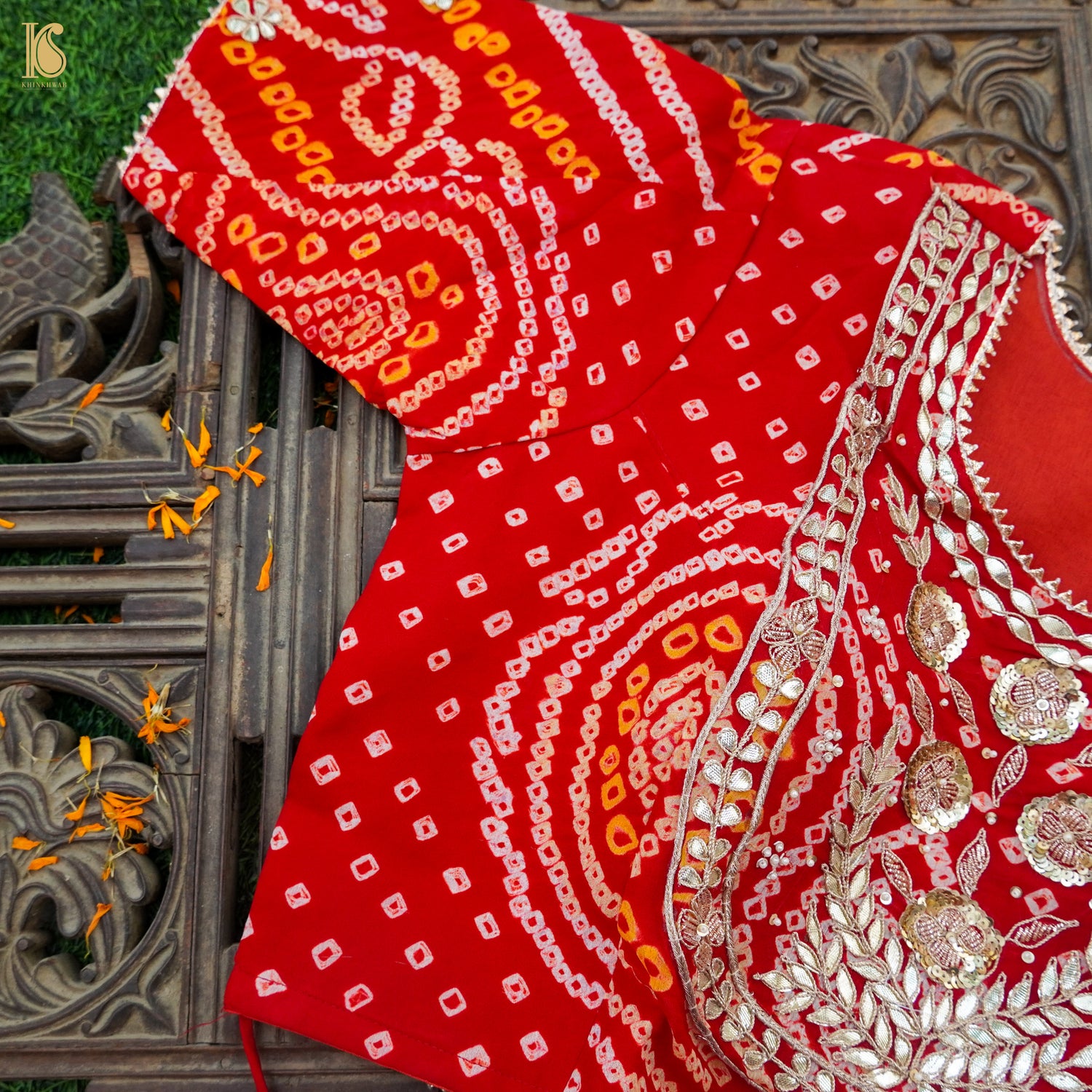 Red Hand Embroidered Pure Georgette Bandhani Stitched Blouse - Khinkhwab