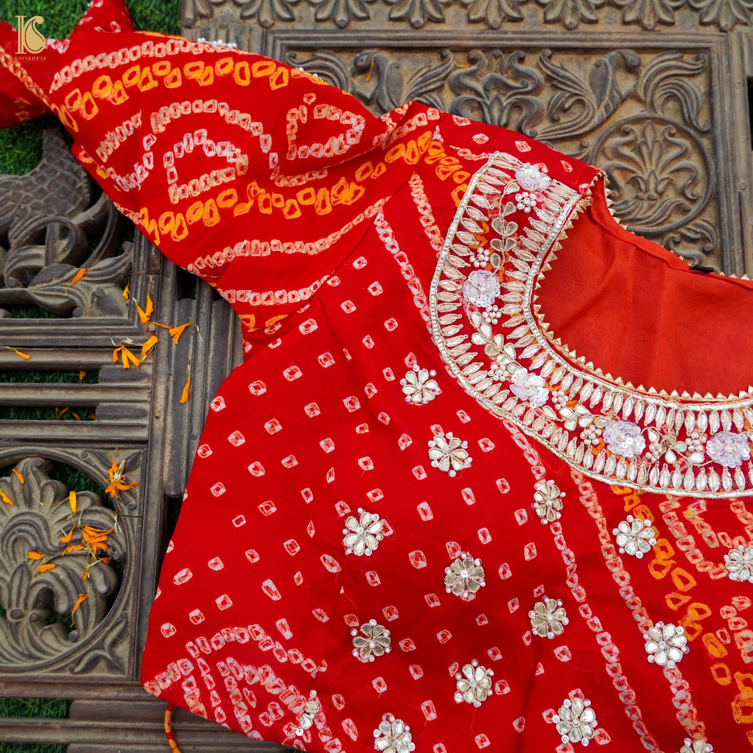 Red Hand Embroidered Pure Georgette Bandhani Stitched Blouse - Khinkhwab