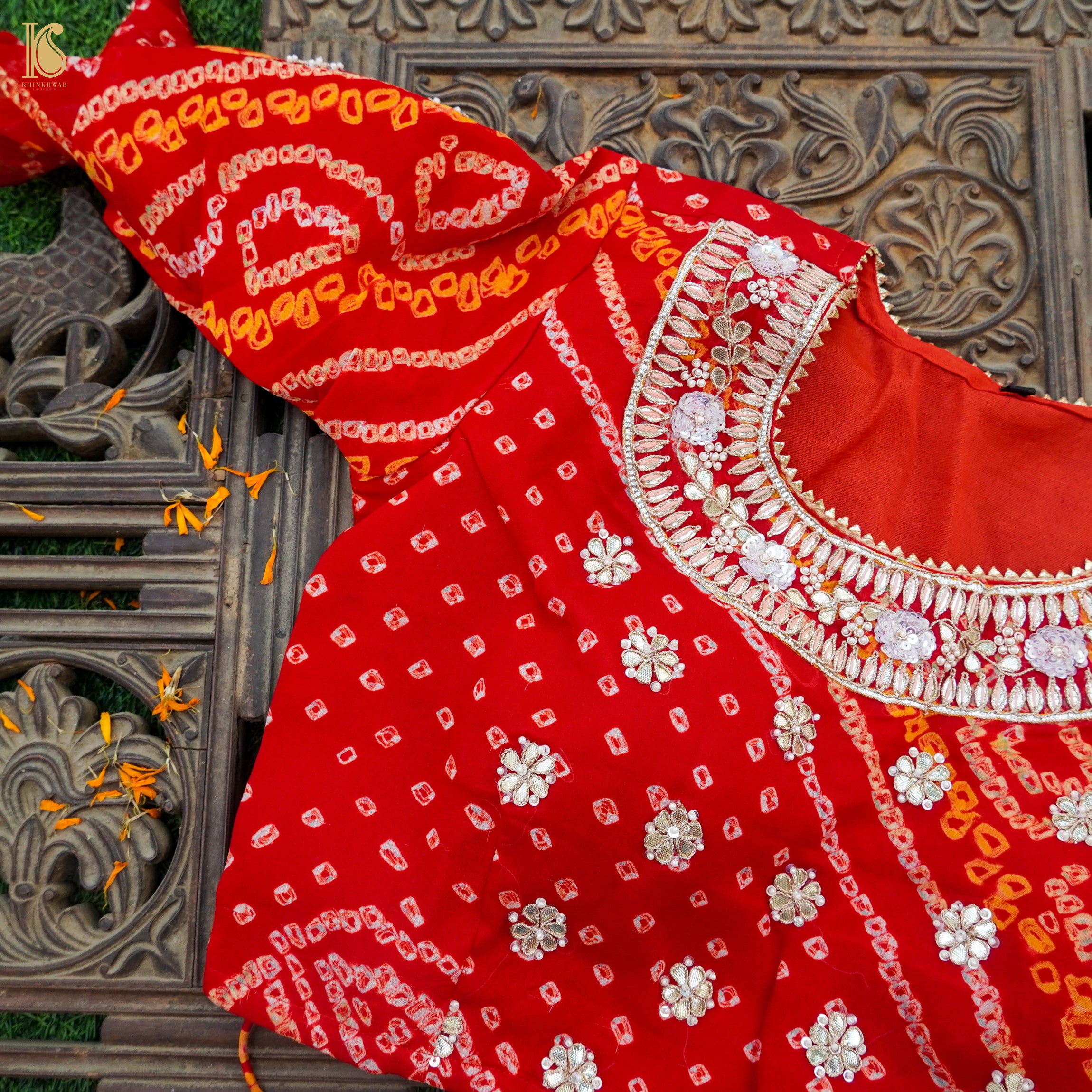 Red Hand Embroidered Pure Georgette Bandhani Stitched Blouse - Khinkhwab