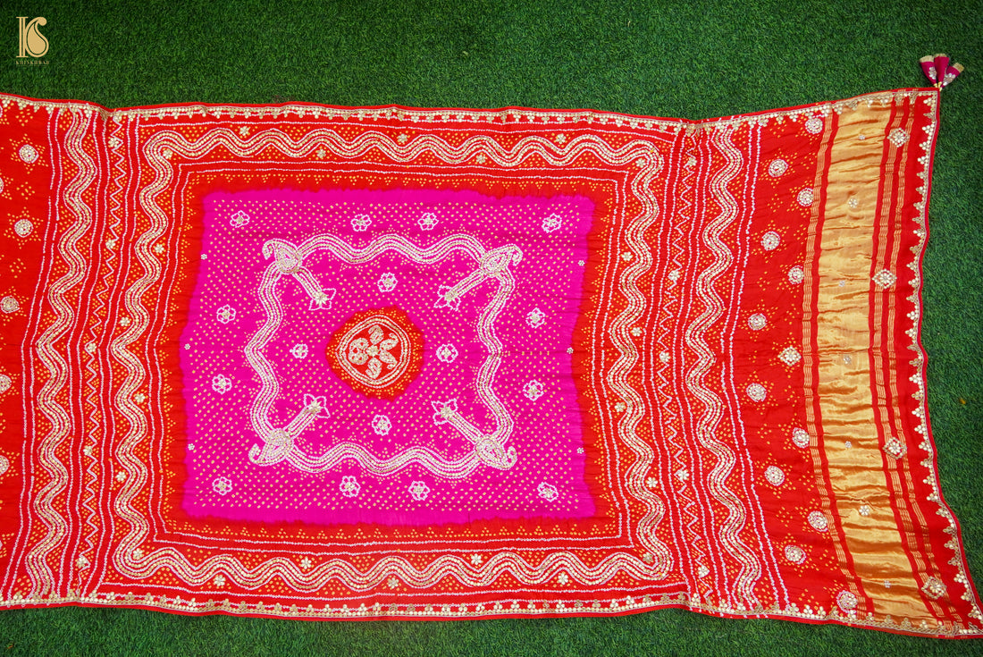 Red & Pink Pure Gajji Silk Bandhani Gotta Patti Dupatta - Khinkhwab
