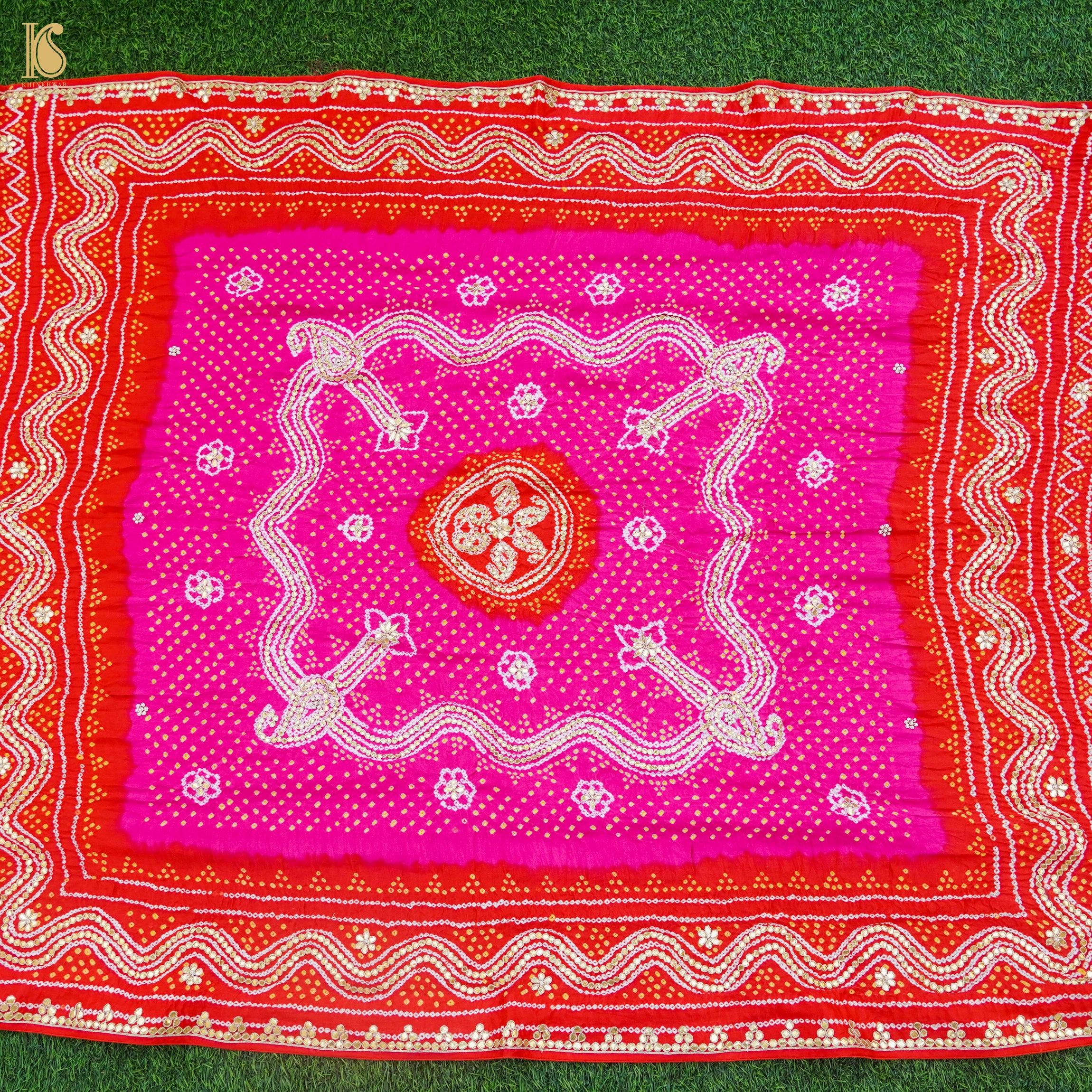 Red & Pink Pure Gajji Silk Bandhani Gotta Patti Dupatta - Khinkhwab