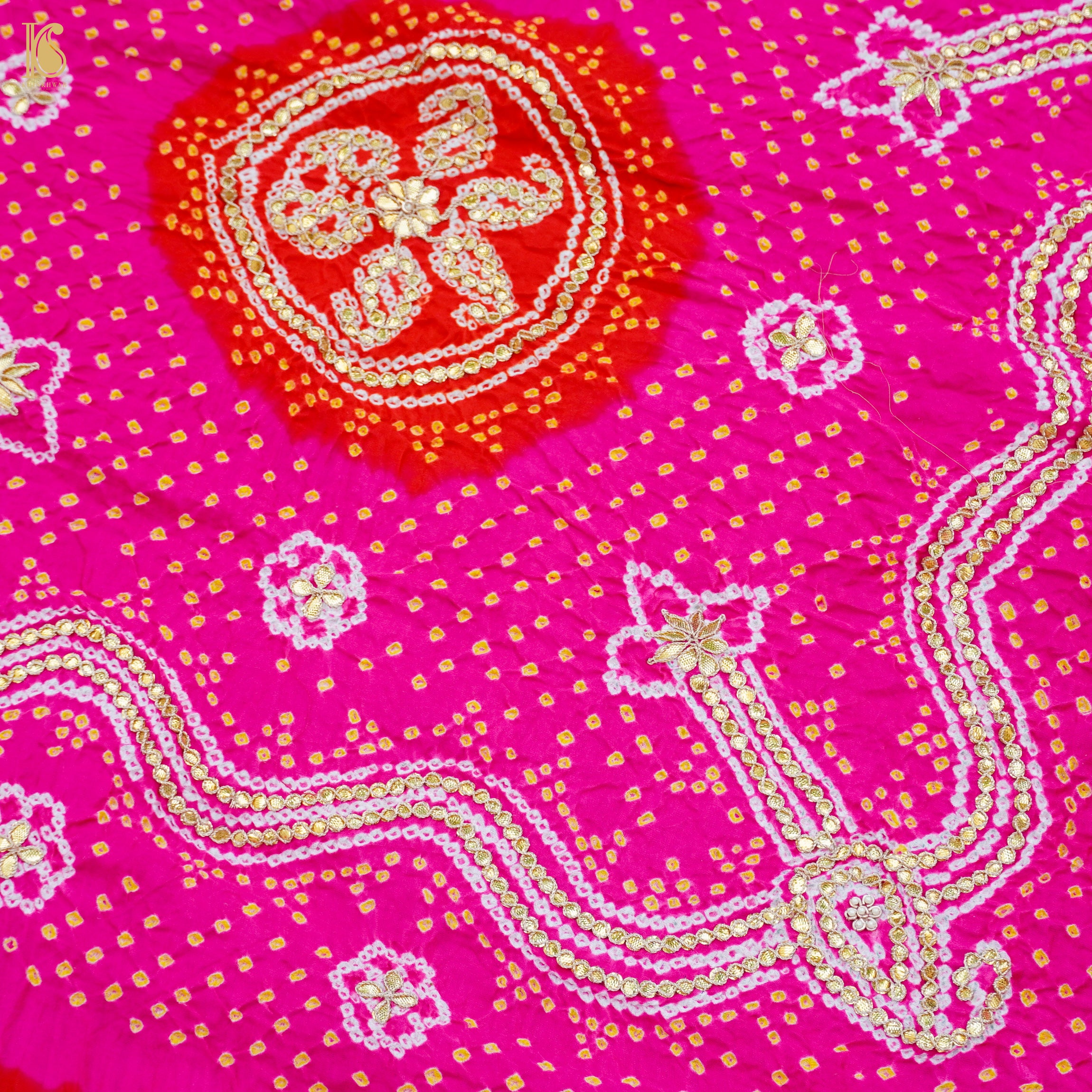 Red & Pink Pure Gajji Silk Bandhani Gotta Patti Dupatta - Khinkhwab