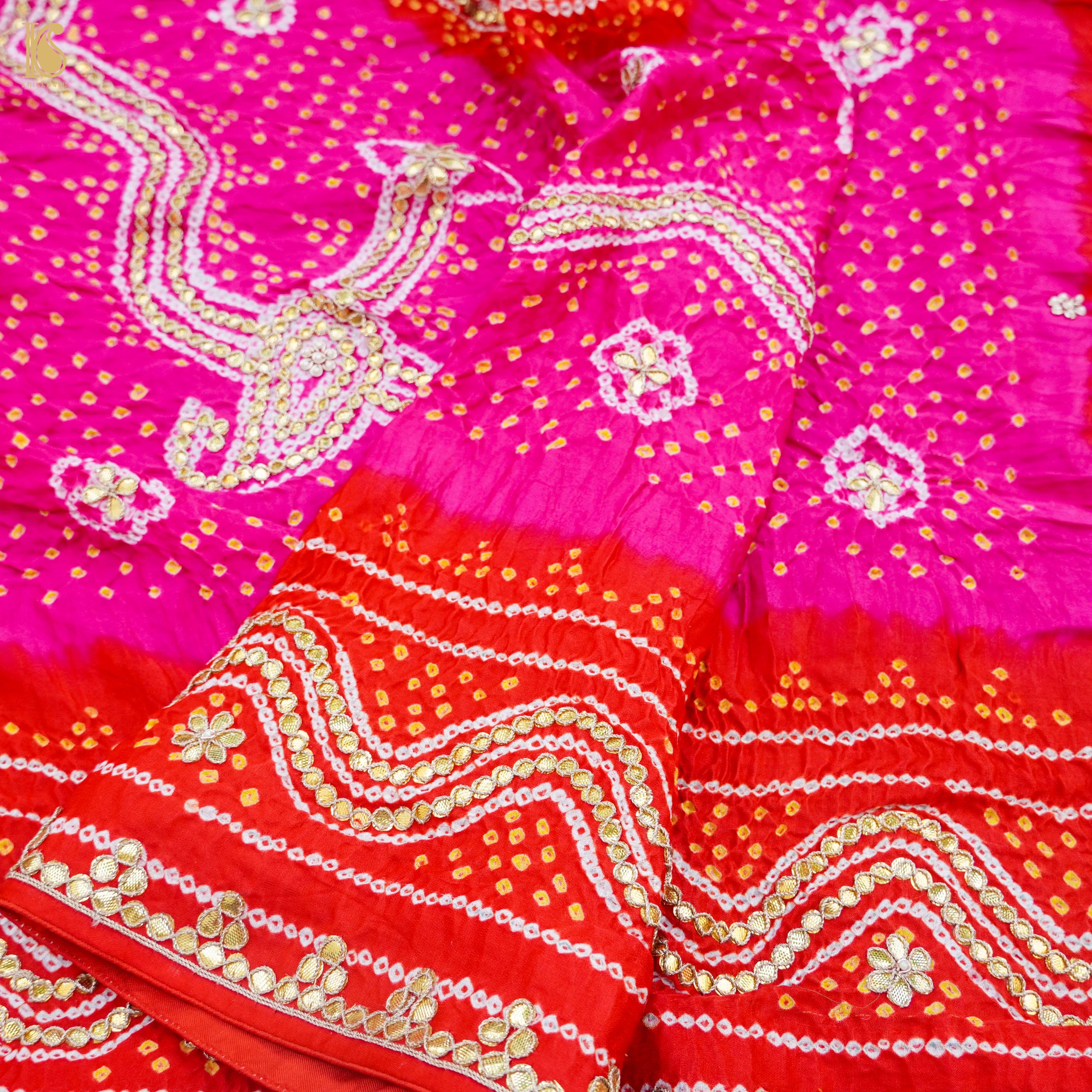 Red & Pink Pure Gajji Silk Bandhani Gotta Patti Dupatta - Khinkhwab