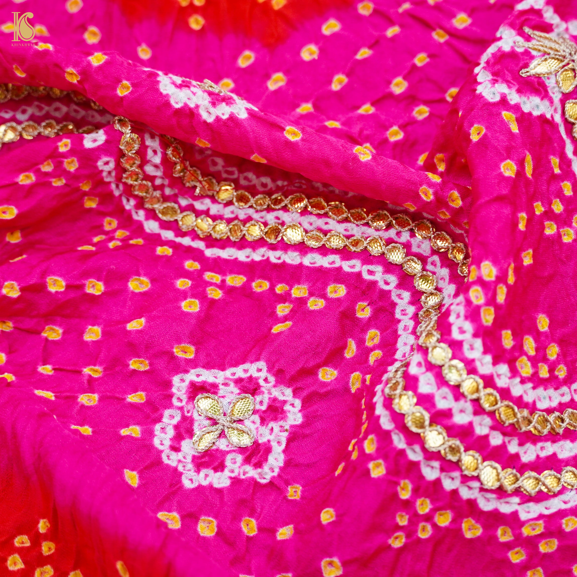 Red & Pink Pure Gajji Silk Bandhani Gotta Patti Dupatta - Khinkhwab