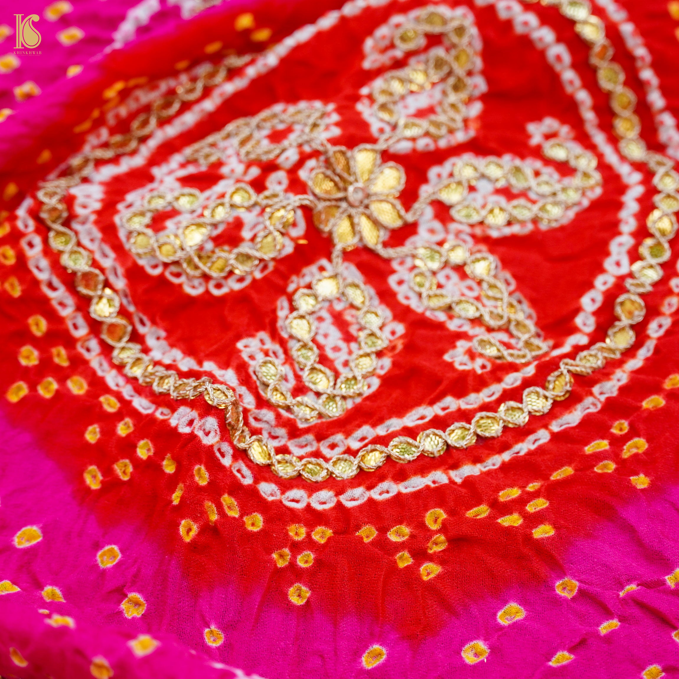 Red & Pink Pure Gajji Silk Bandhani Gotta Patti Dupatta - Khinkhwab