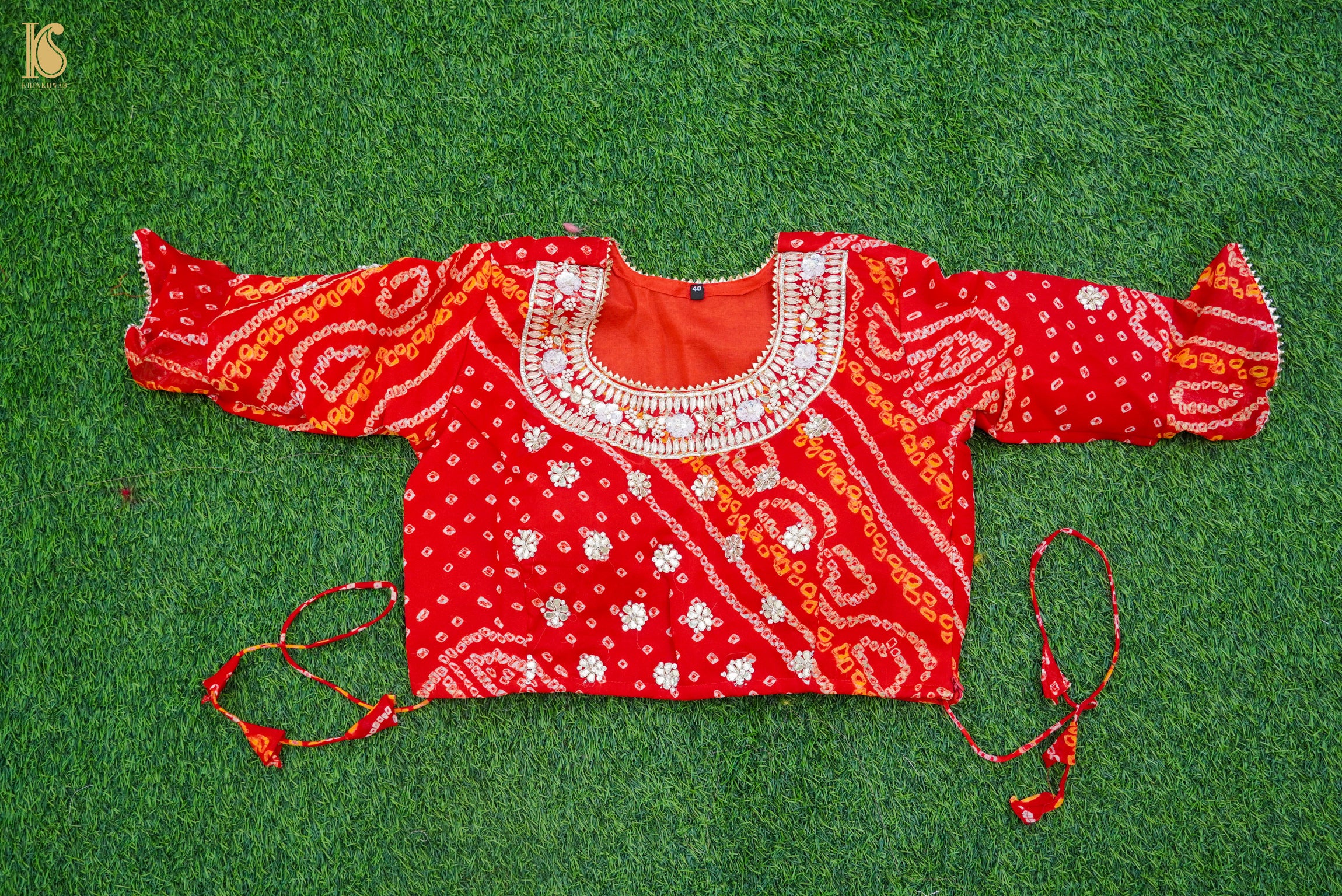 Red Hand Embroidered Pure Georgette Bandhani Stitched Blouse - Khinkhwab