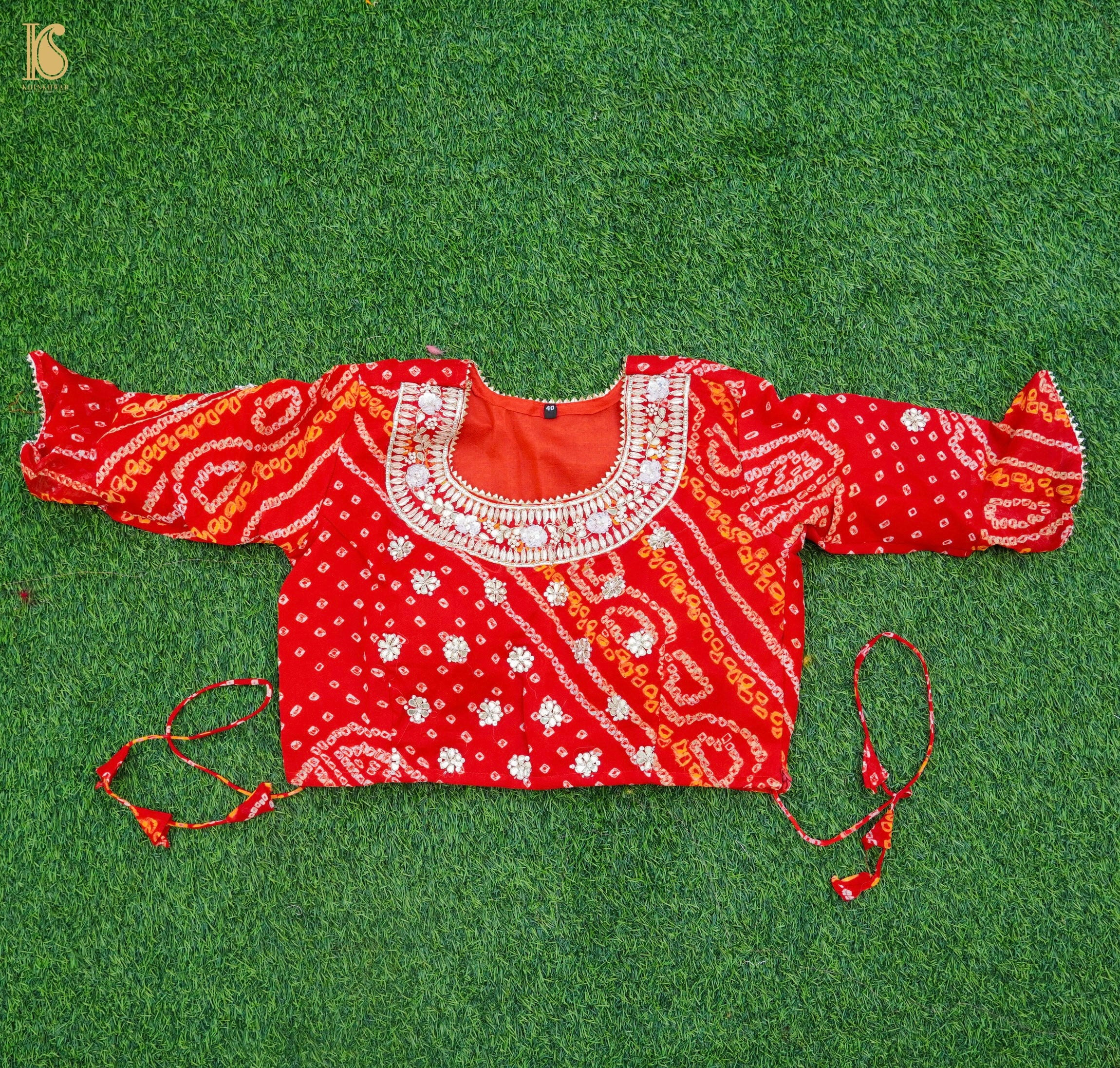 Red Hand Embroidered Pure Georgette Bandhani Stitched Blouse - Khinkhwab