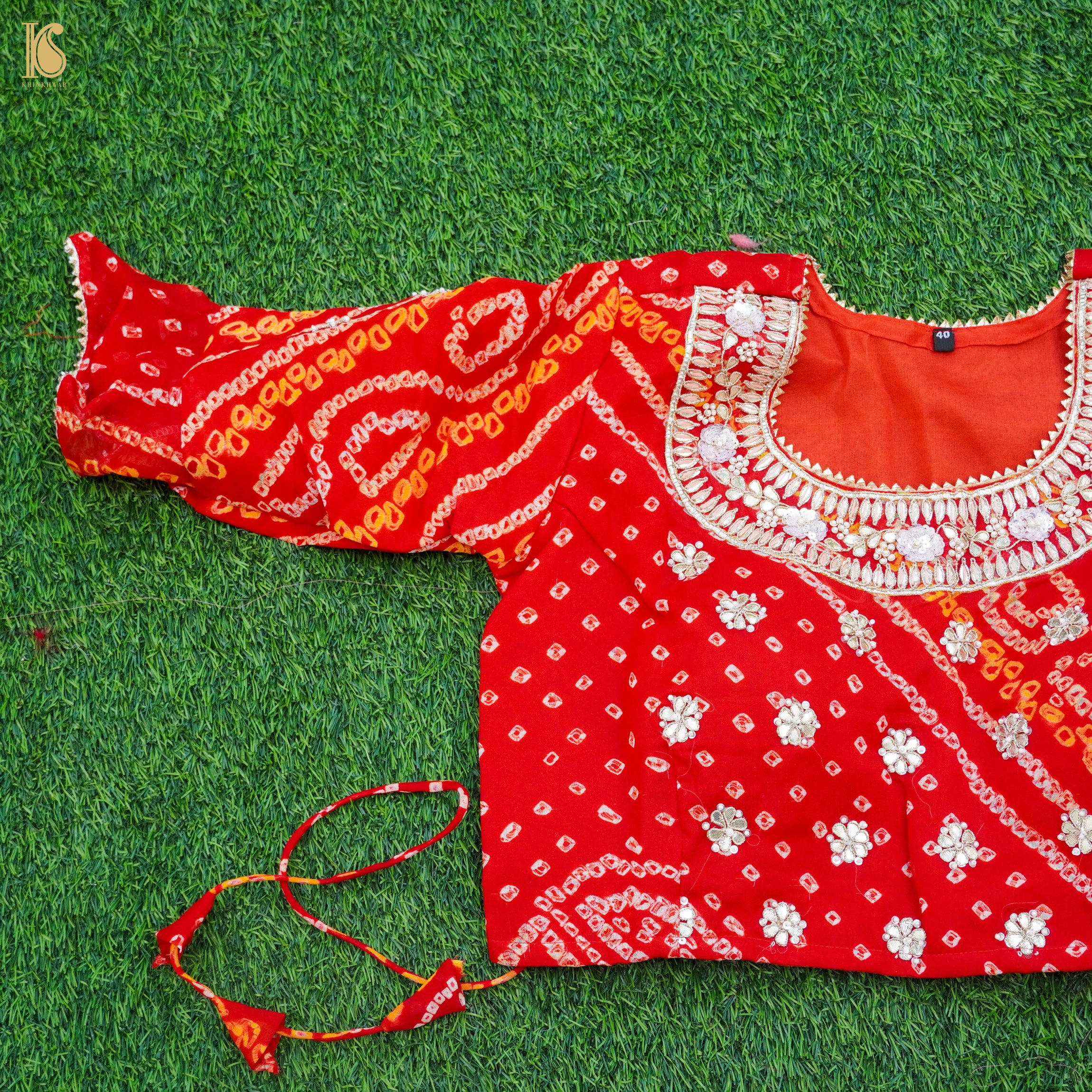 Red Hand Embroidered Pure Georgette Bandhani Stitched Blouse - Khinkhwab