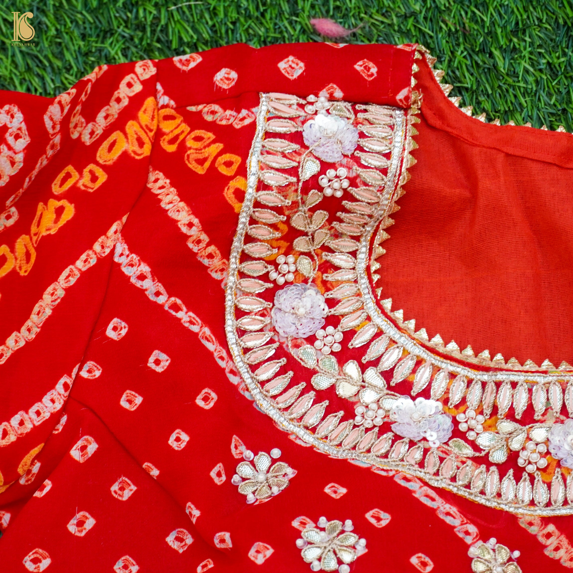 Red Hand Embroidered Pure Georgette Bandhani Stitched Blouse - Khinkhwab